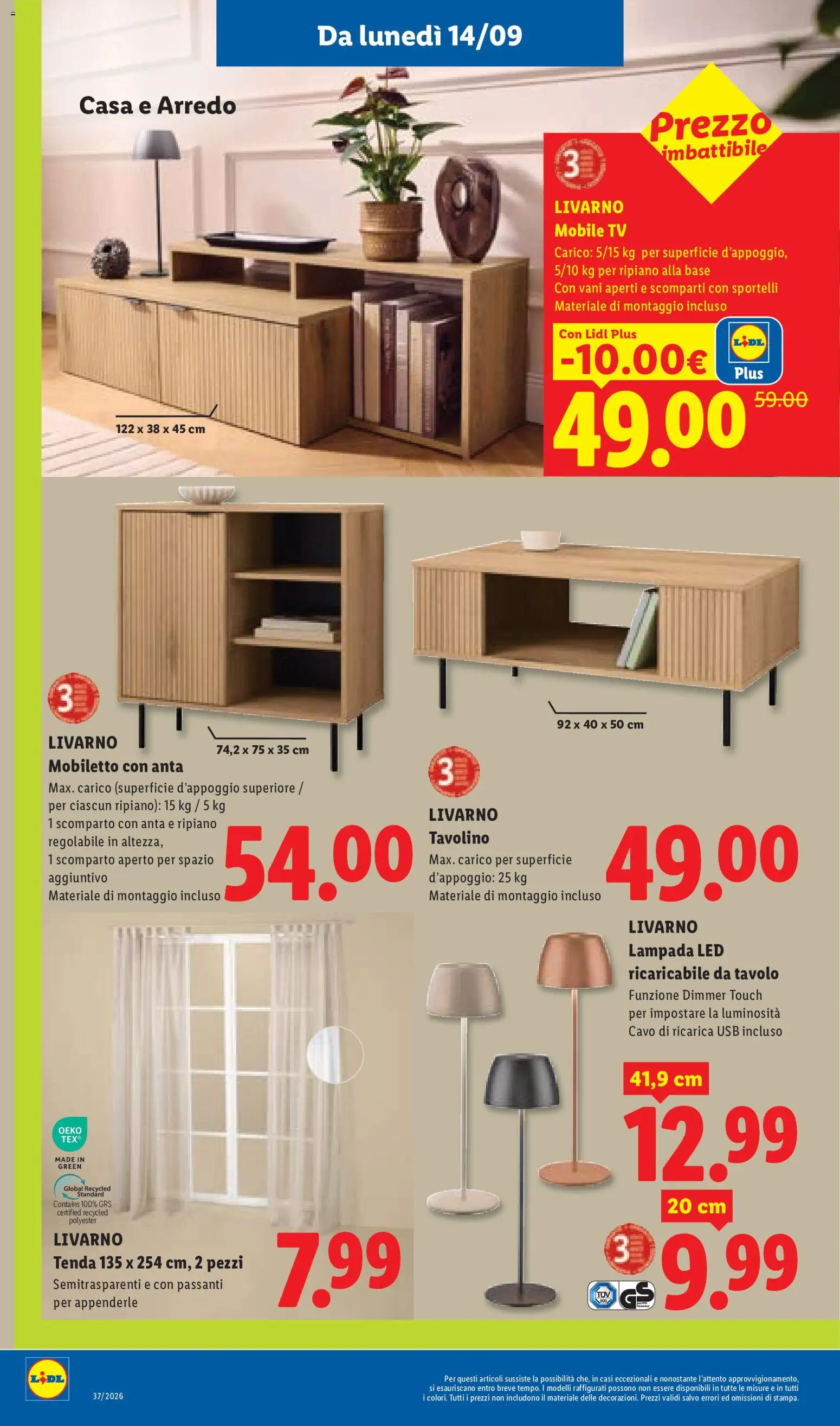 Anteprima dell'opuscolo Lidl volantino dal negozio Lidl valido da 10/09/2026 - Mobile, TV, Mobile tv, Tavolo, Cavo, Lampada, Tavolino, Ripiano