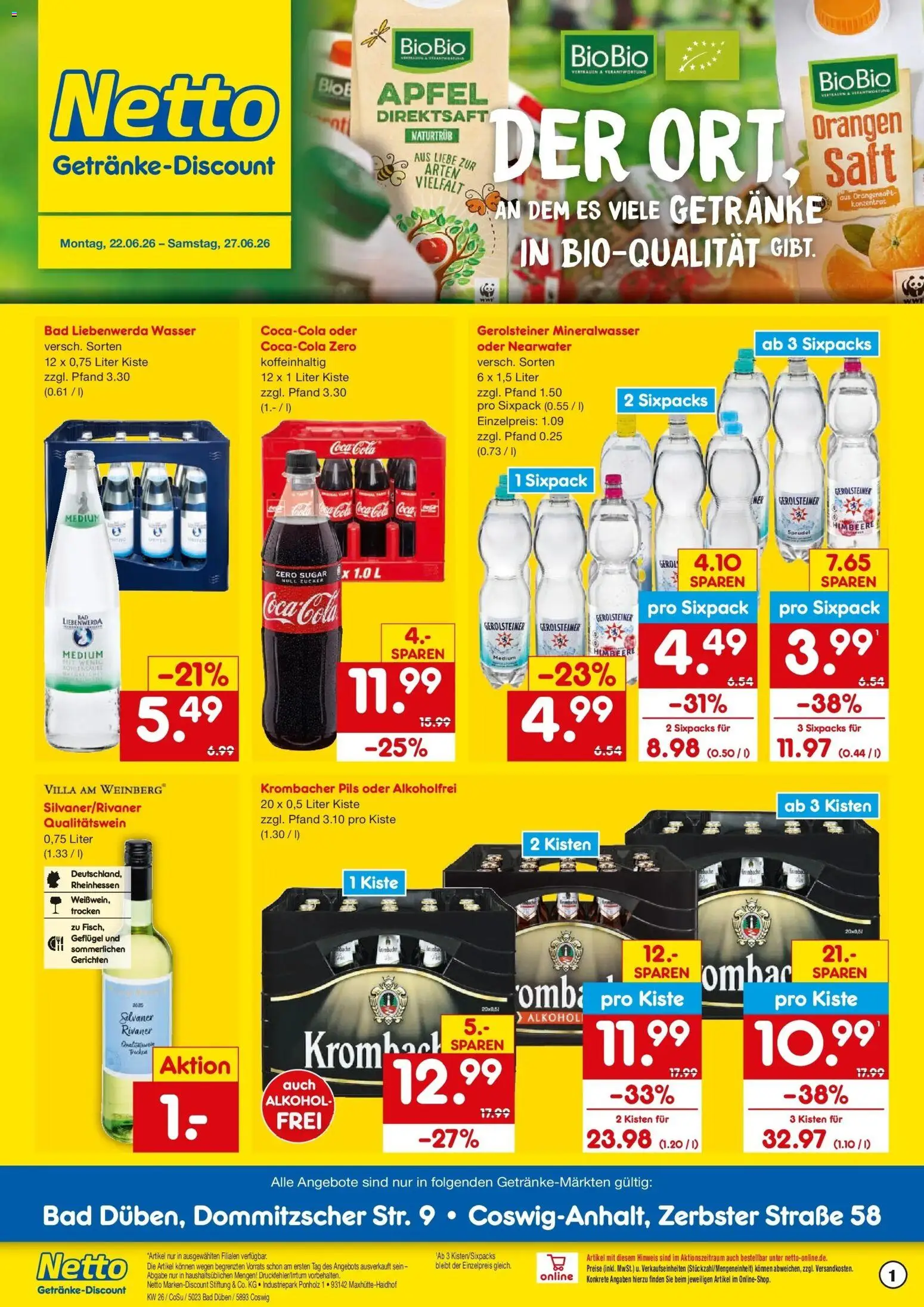 Vorschau von dem Prospekt des Geschäftes Netto Marken-Discount, gültig ab dem 22.06.2026 - Wasser, Coca cola, Cola, Alkohol, Gerolsteiner, Krombacher, Saft, Orangen