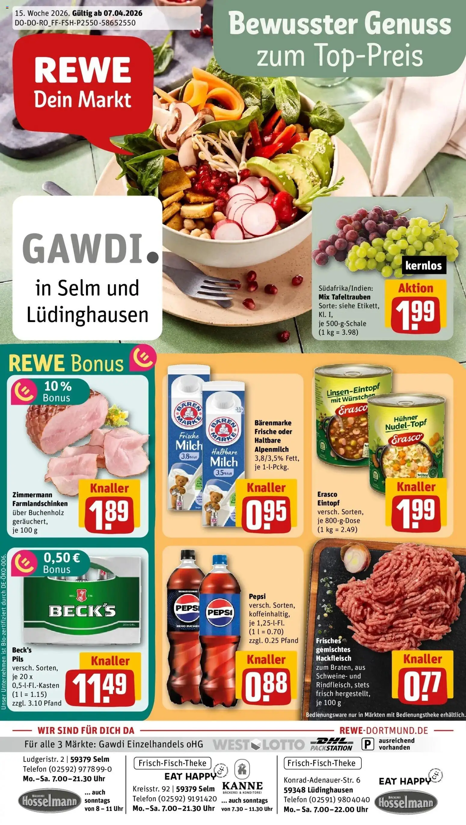 Vorschau von dem Prospekt des Geschäftes Rewe, gültig ab dem 05.04.2026 - Uhr, Telefon, Cola, Milch, Hackfleisch, Zucker, Pils, Erasco