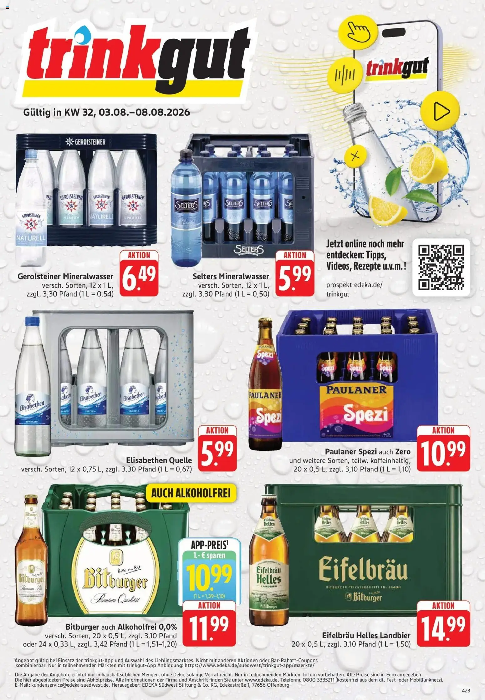 Vorschau von dem Prospekt des Geschäftes Trinkgut, gültig ab dem 03.08.2026 - Mineralwasser, Gerolsteiner, Paulaner spezi, Paulaner, Bitburger