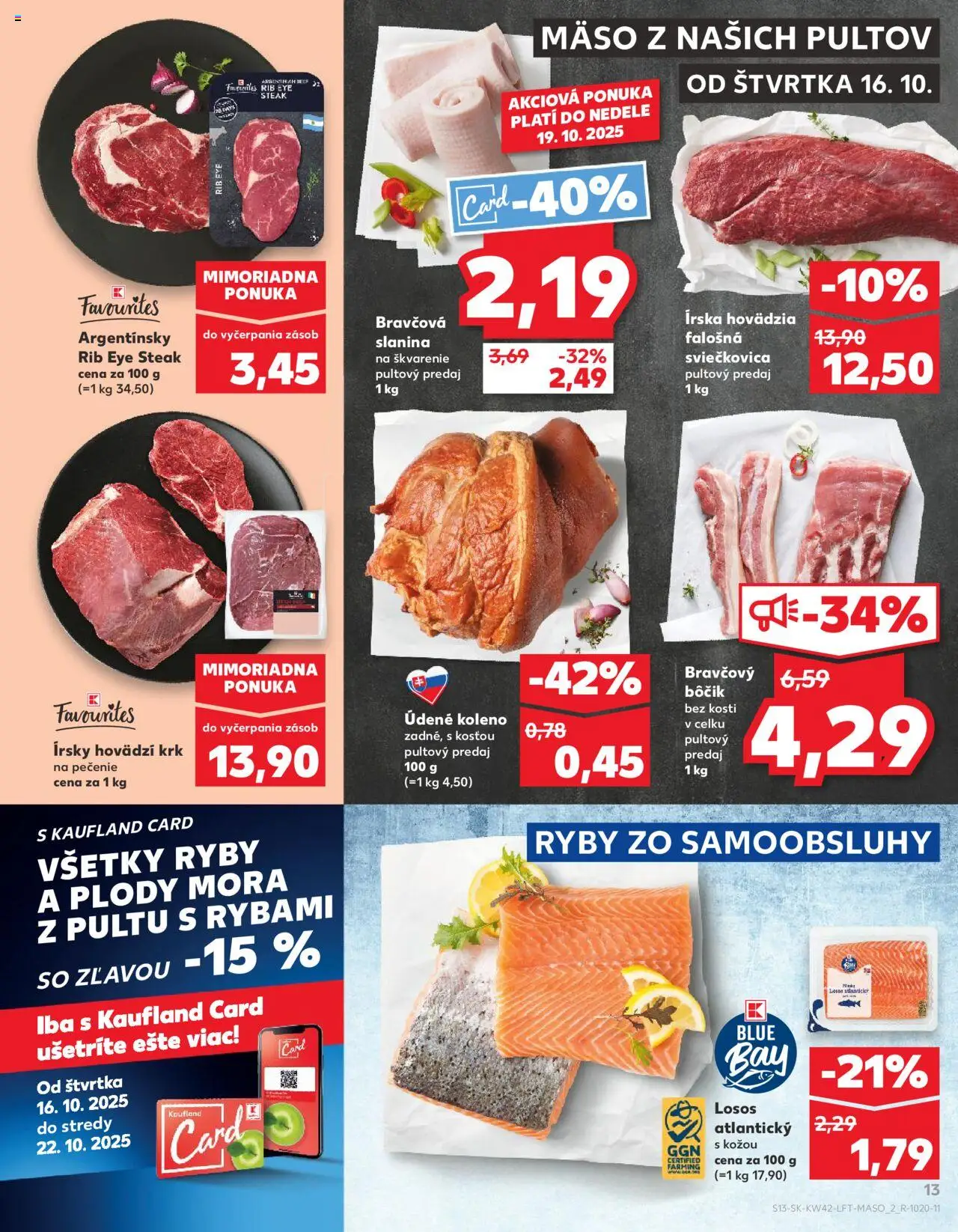 Náhľad Kaufland letáku platného od 16.10.2025 - Mäso, Steak, Ryby, Losos, Slanina, Bravčový bôčik, Údené koleno