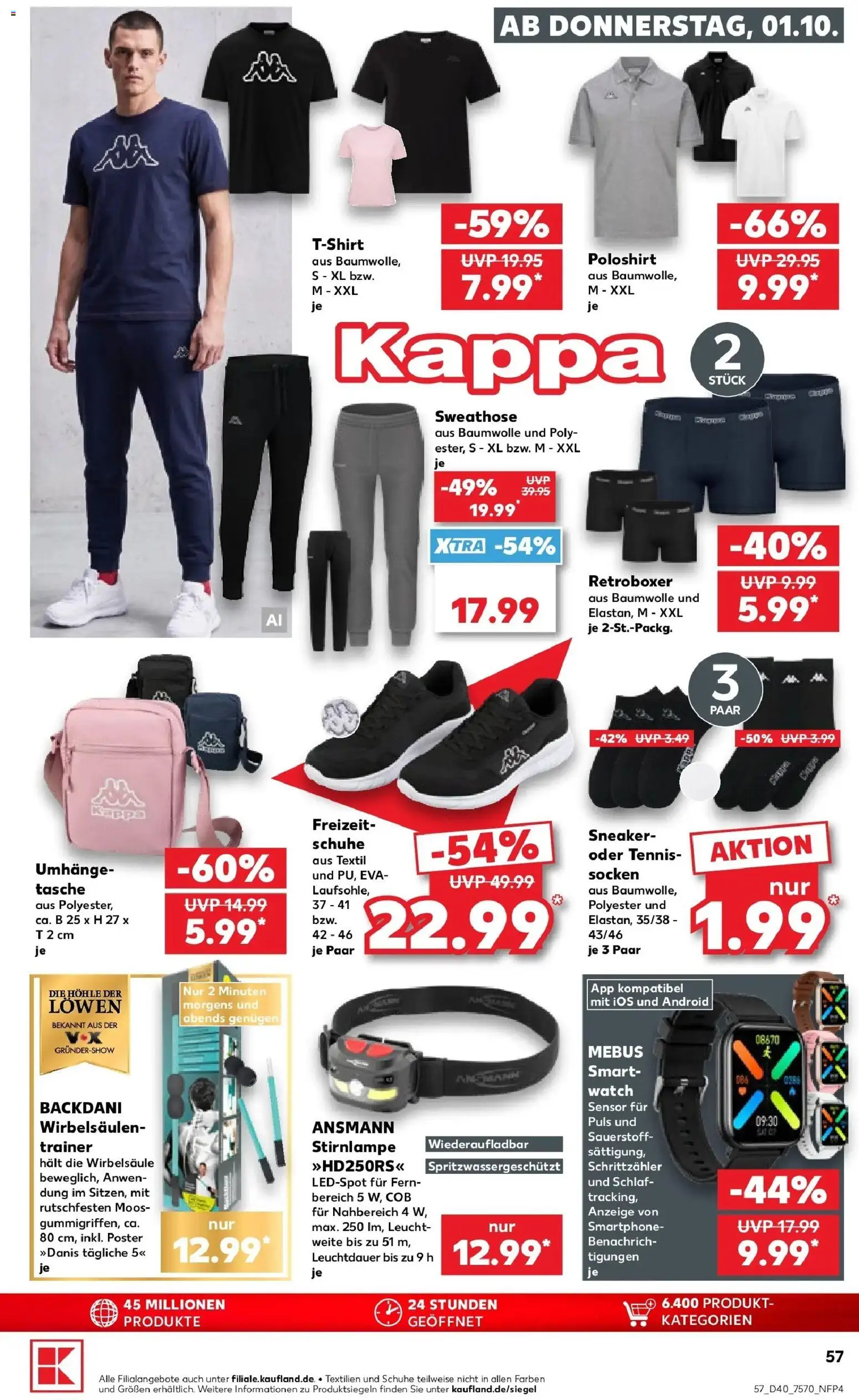 Vorschau von dem Prospekt des Geschäftes Kaufland, gültig ab dem 01.10.2026 - Tasche, Poloshirt, Socken, Stirnlampe, Sweathose, Smartphone