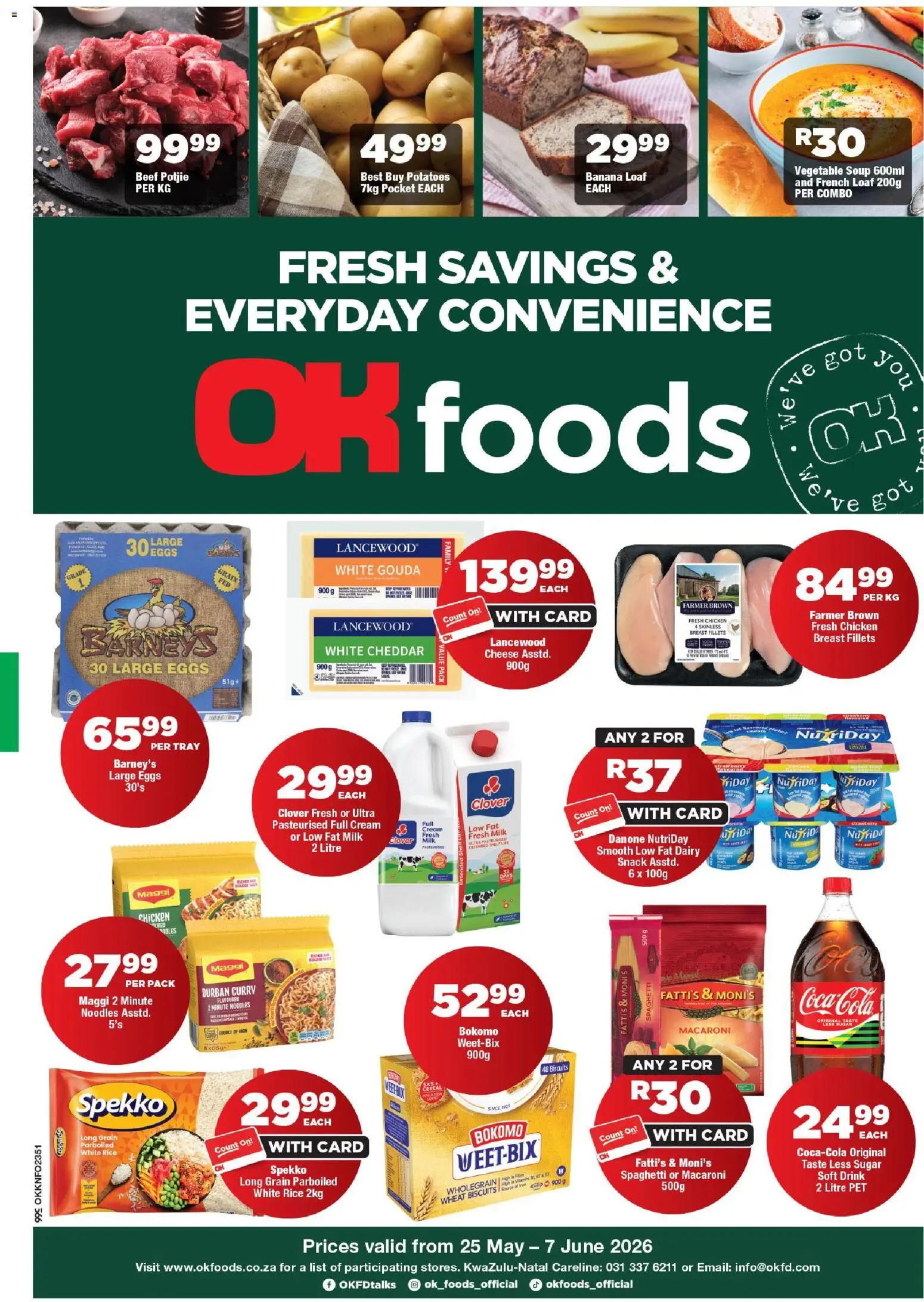 Preview of OK Foods flyer valid from 25/05/2026 - Chicken, Eggs, Cheese, Noodles, Sugar, Cream, Soup, Tray