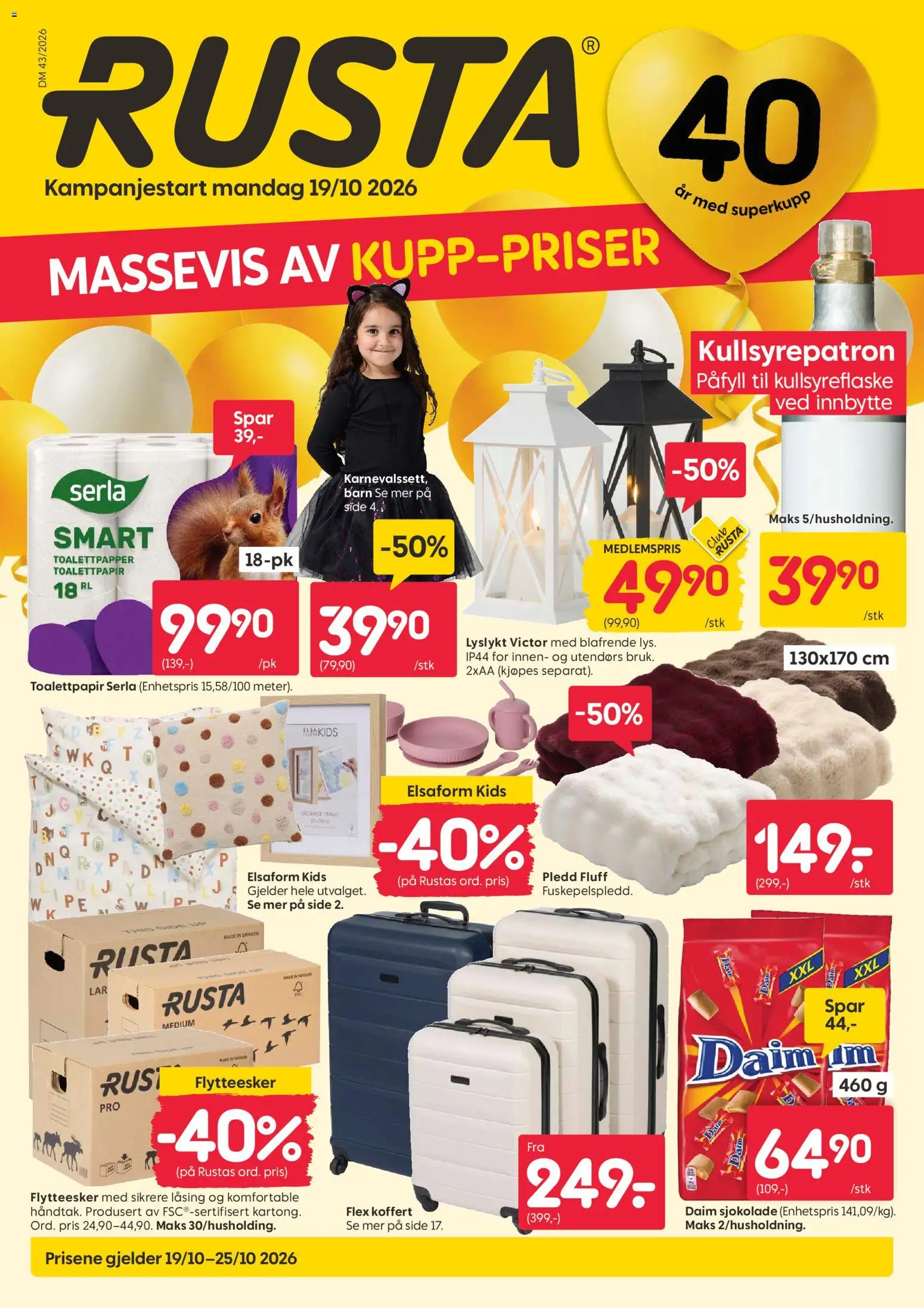 Forhåndsvis Rusta kundeavis fra butikk Rusta gyldig fra 19/10/2026 - Toalettpapir, Sjokolade, Serla toalettpapir, Koffert, Ved, Flytteesker, Pledd, Serla
