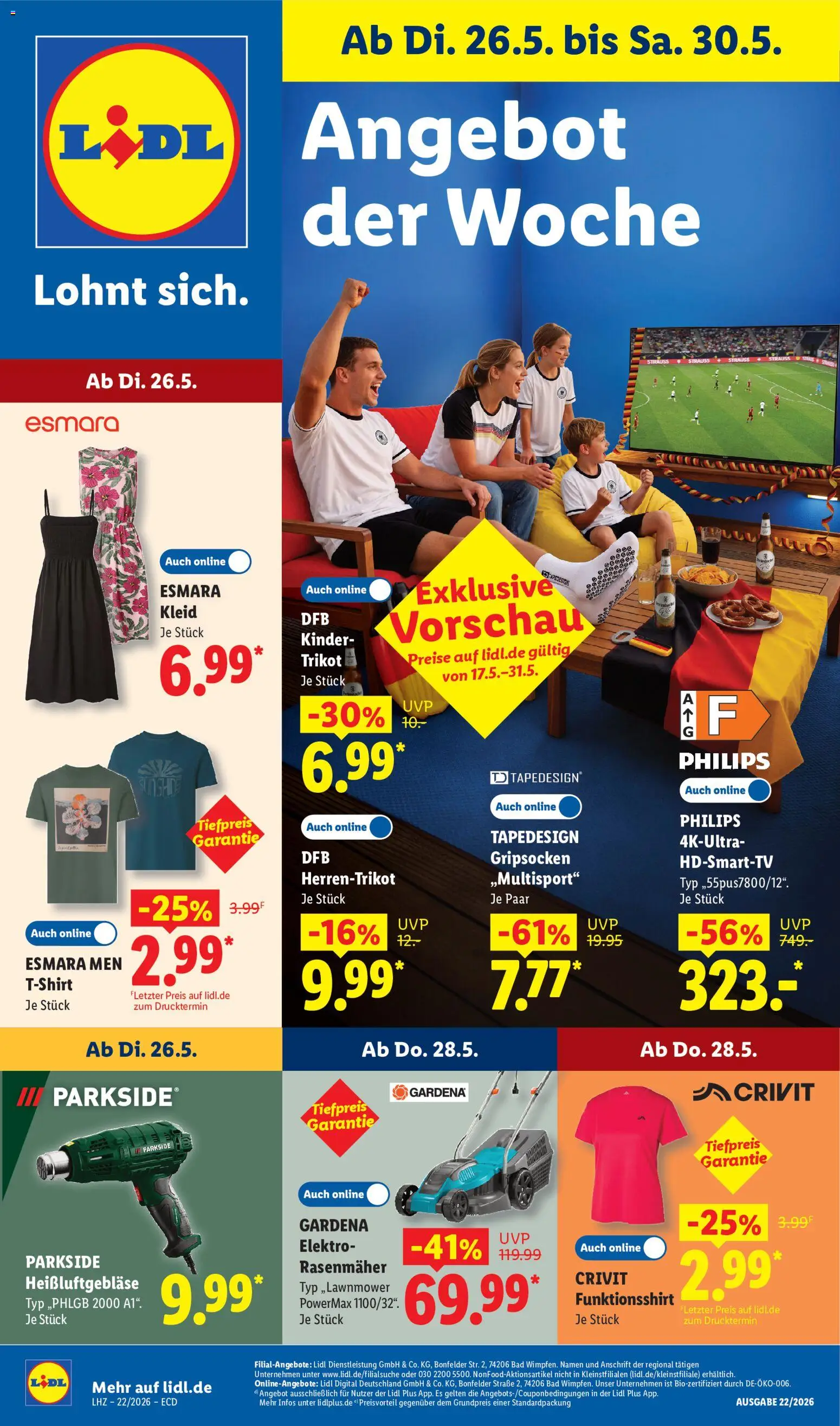 Vorschau von dem Prospekt des Geschäftes Lidl, gültig ab dem 26.05.2026 - Philips, Rasenmäher, Bad, Kleid