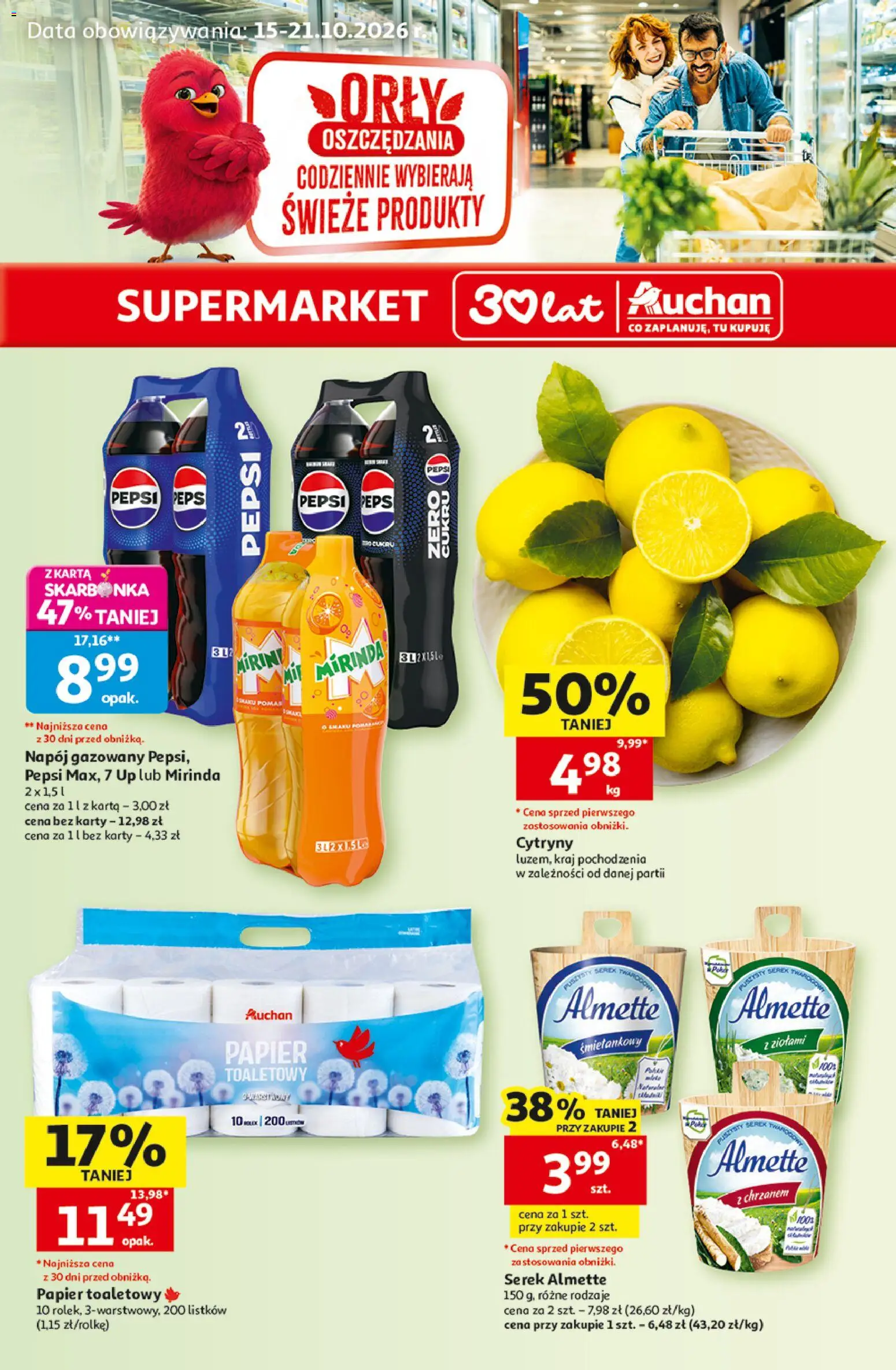 Pogląd gazetki "Auchan gazetka" ze sklepu Auchan ważnej od 15.10.2026 - Pepsi, Papier toaletowy, Cytryny, Karta, Almette, Serek, Serek almette