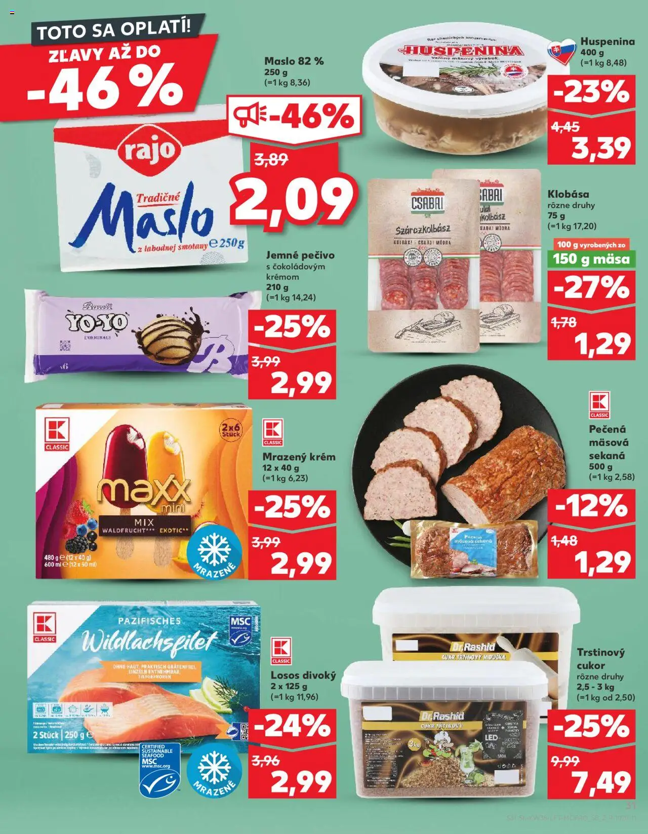 Náhľad Kaufland letáku platného od 18.09.2025 - Maslo, Losos, Cukor, Klobása, Trstinový cukor, Krém
