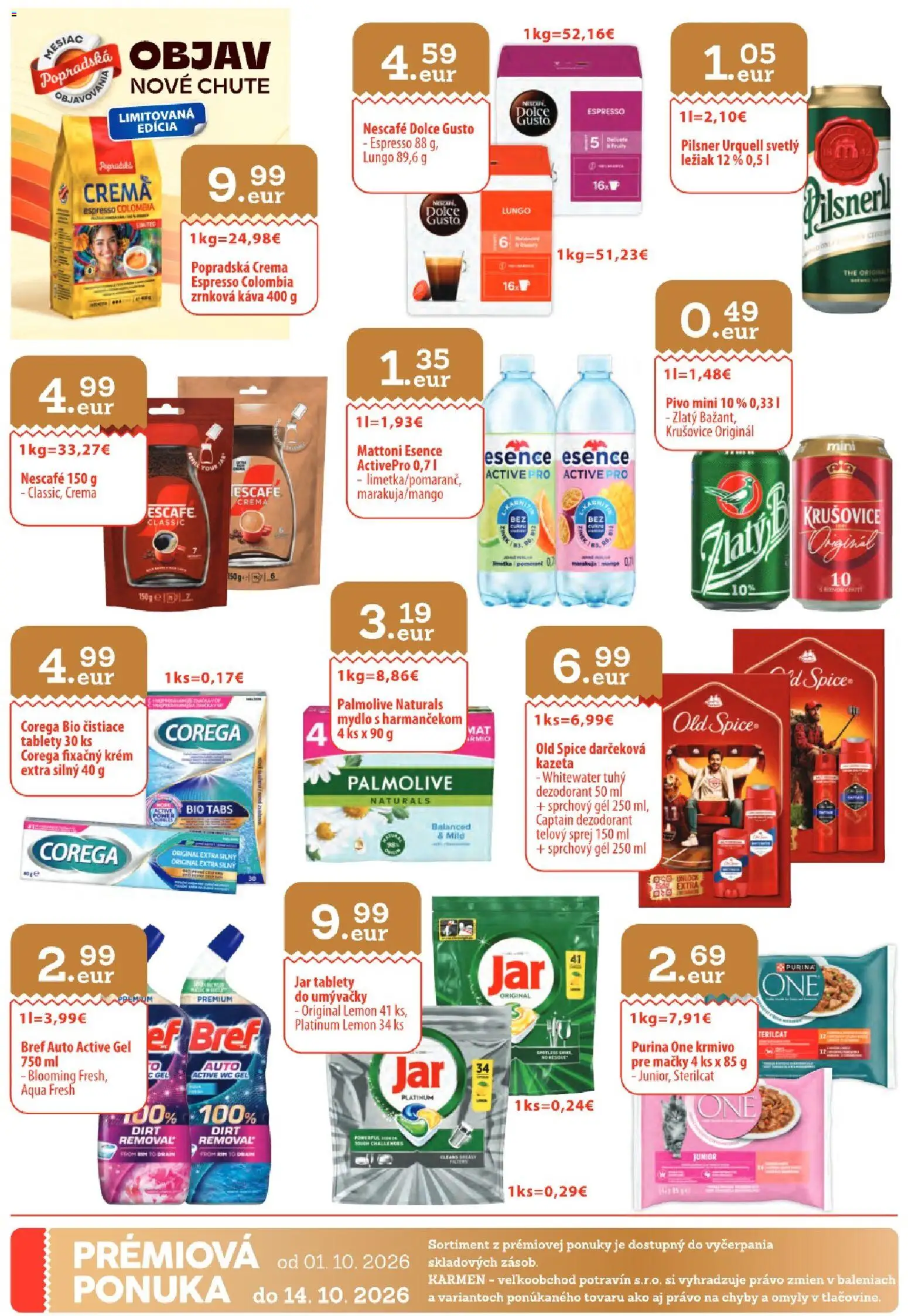 Náhľad KARMEN CBA letáku platného od 01.10.2026 - Káva, Wc, Dolce Gusto, Pilsner Urquell, Old Spice, Zrnková káva, Mydlo, Sprchový gél