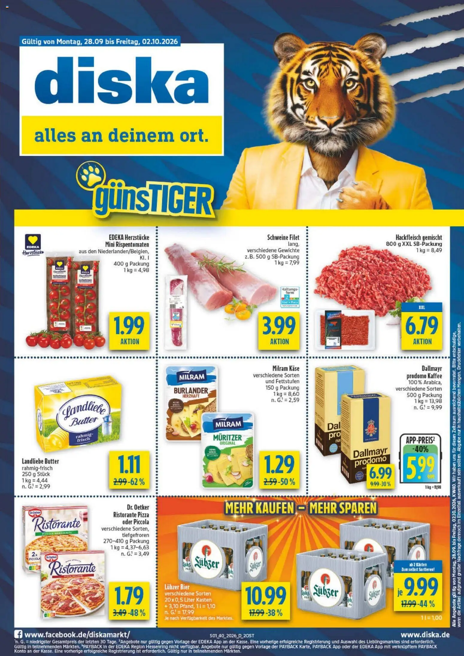 Vorschau von dem Prospekt des Geschäftes Diska, gültig ab dem 28.09.2026 - Pizza, Kaffee, Butter, Käse, Bier, Dallmayr, Lubzer, Landliebe butter
