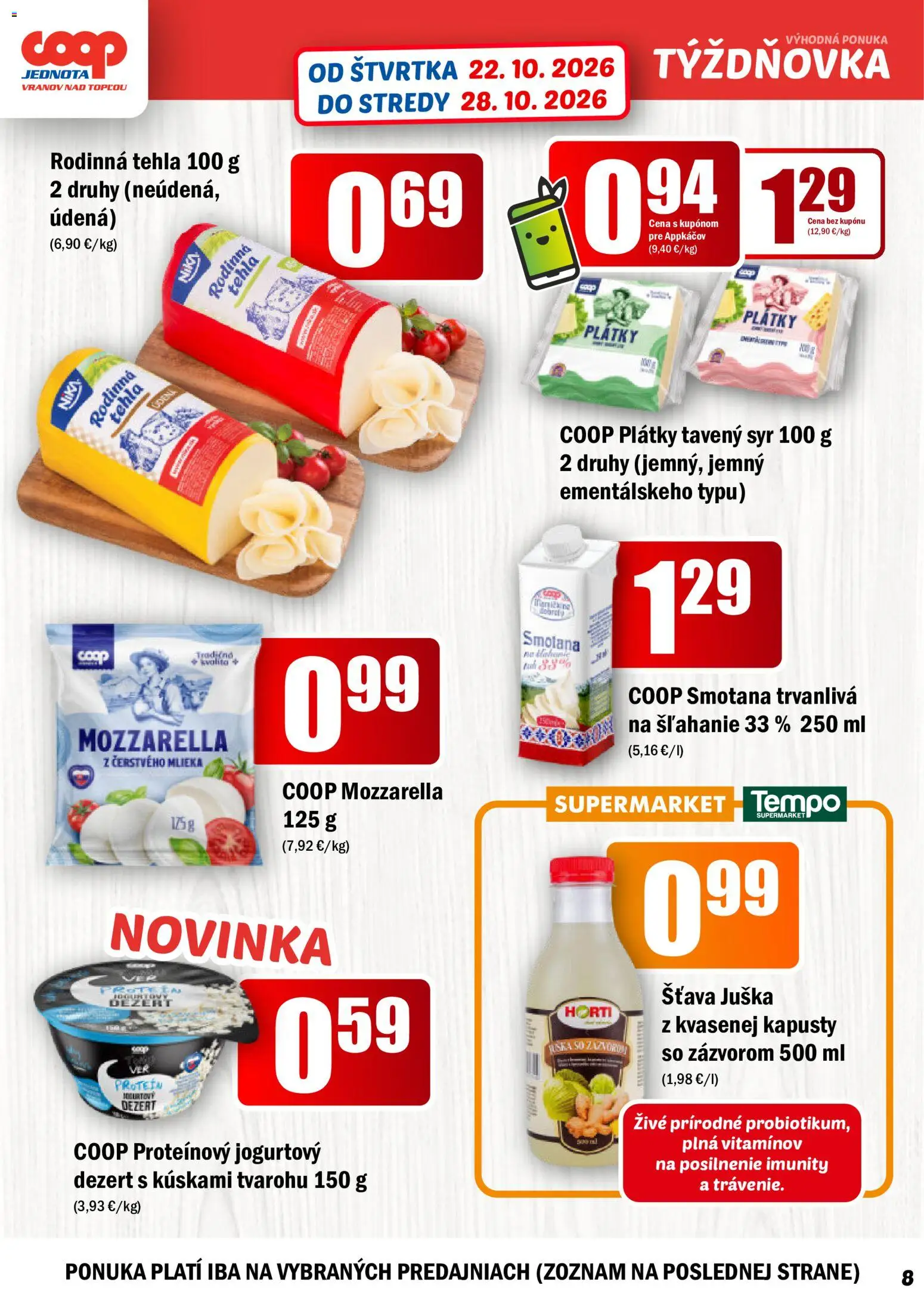 Náhľad COOP Jednota letáku platného od 22.10.2026 - Syr, Mozzarella, Dezert, Smotana, Tavený syr, Šťava