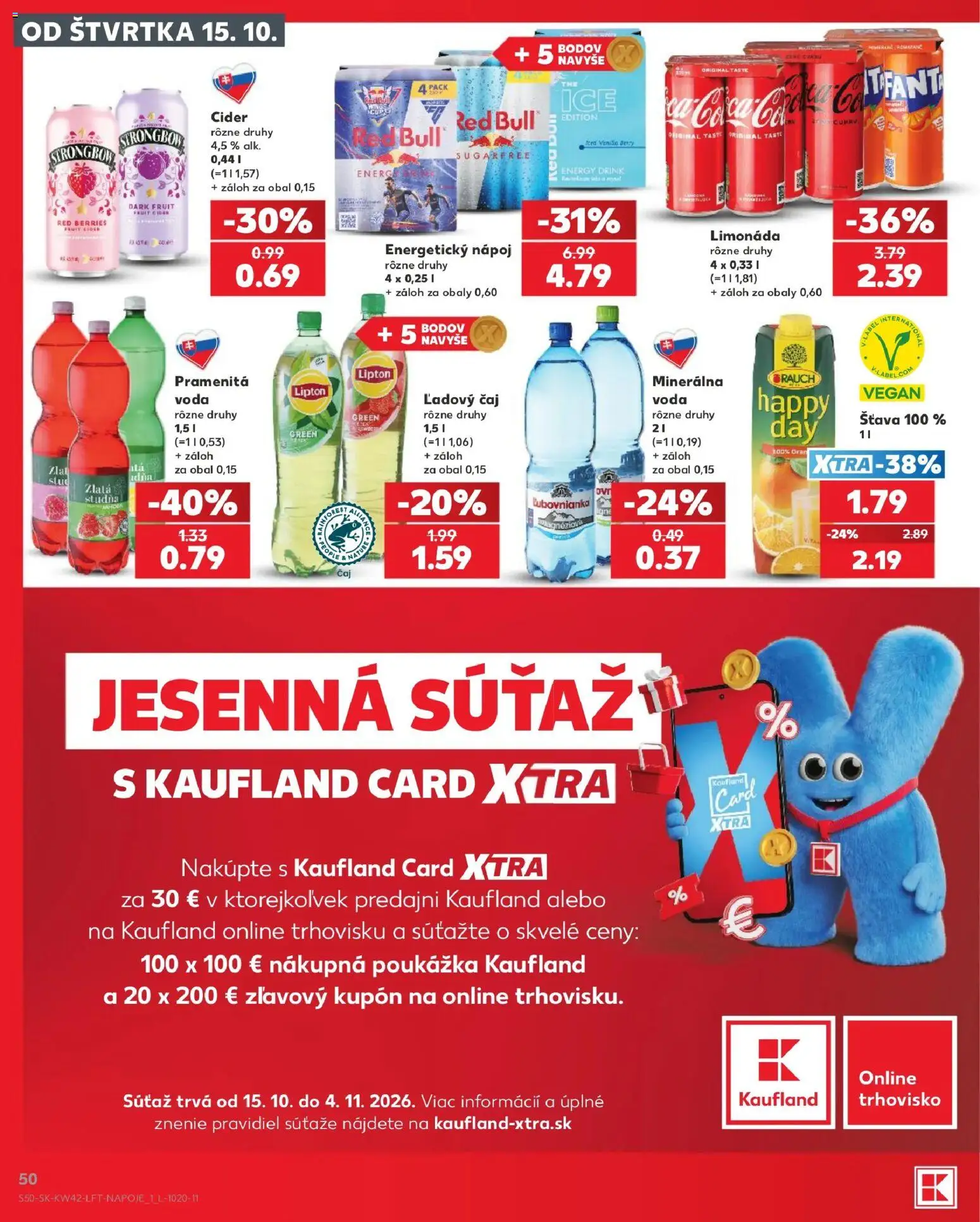Náhľad Kaufland letáku platného od 15.10.2026 - Voda, Red Bull, Čaj, Cider, Strongbow, Energetický nápoj, Limonáda, Šťava