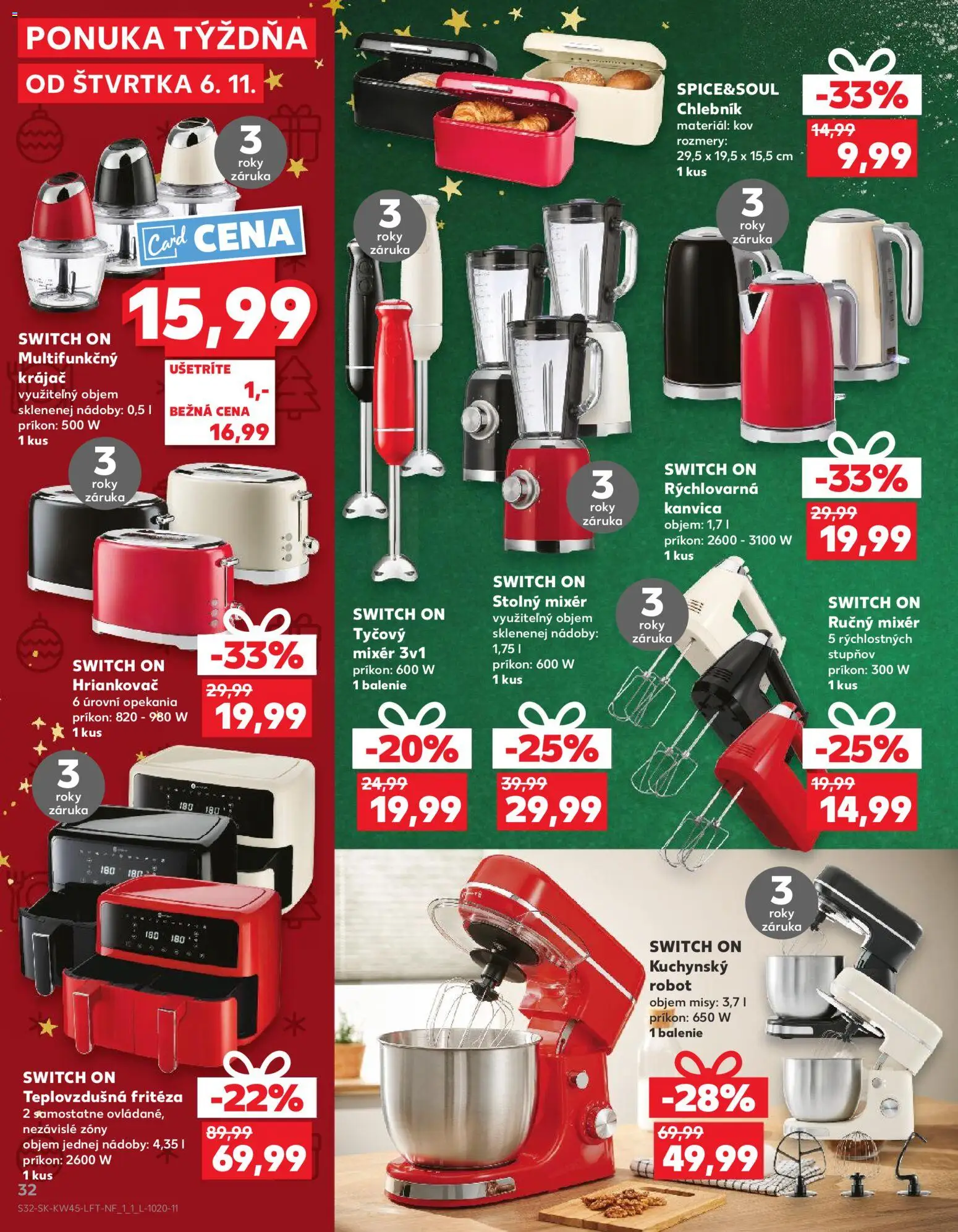 Náhľad Kaufland letáku platného od 06.11.2025 - Teplovzdušná frítéza, Kuchynský robot, Rýchlovarná kanvica, Robot, Hriankovač, Tyčový mixér, Ručný mixér, Krájač