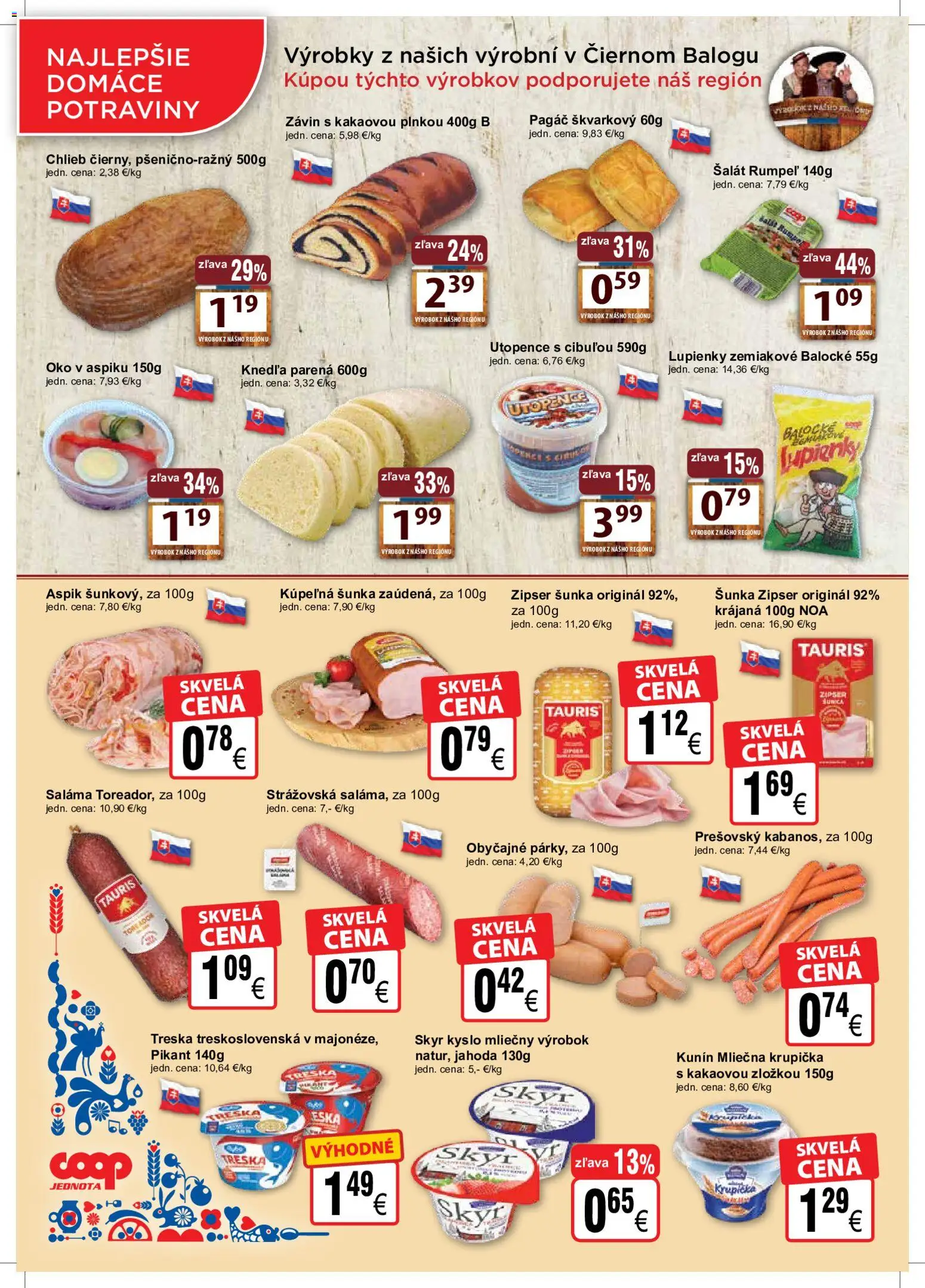 Náhľad COOP Jednota letáku platného od 23.09.2026 - Kúpelňa, Šalát, Chlieb, Treska, Skyr, Šunka, Závin, Saláma