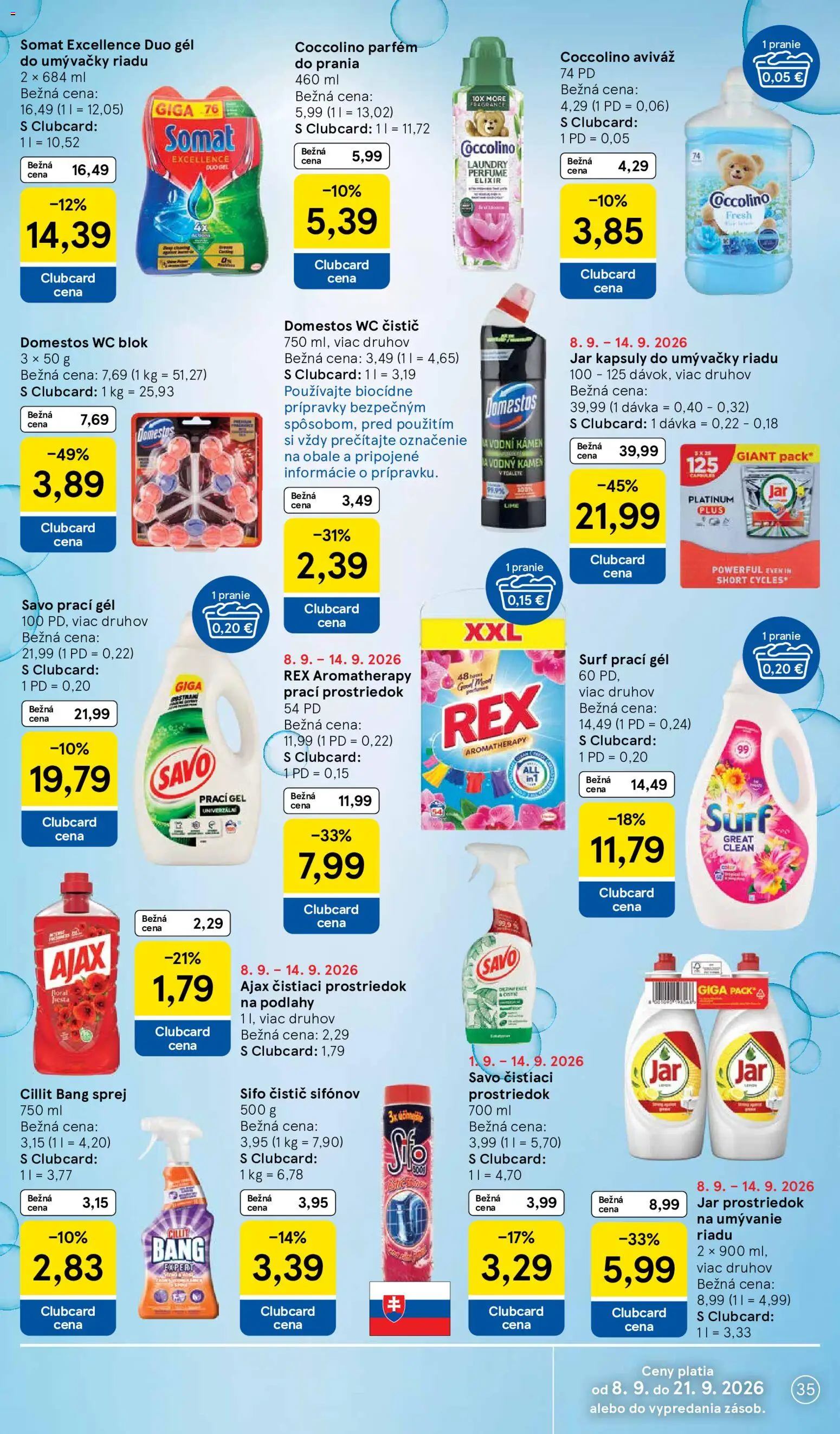 Náhľad Tesco letáku platného od 09.09.2026 - Jar, Parfém, Coccolino, Domestos, Aviváž, Kapsuly do umývačky riadu, Prací gél, Gél do umývačky