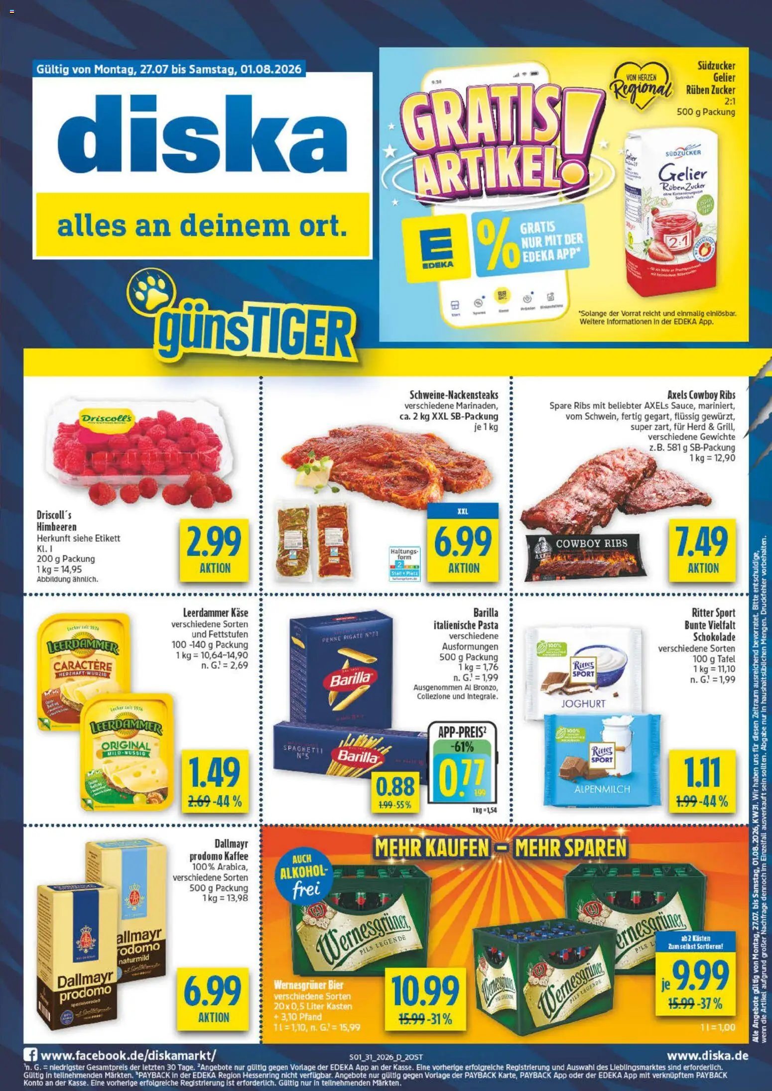 Vorschau von dem Prospekt des Geschäftes Diska, gültig ab dem 27.07.2026 - Kaffee, Käse, Schokolade, Bier, Pasta, Himbeeren, Dallmayr, Wernesgruner