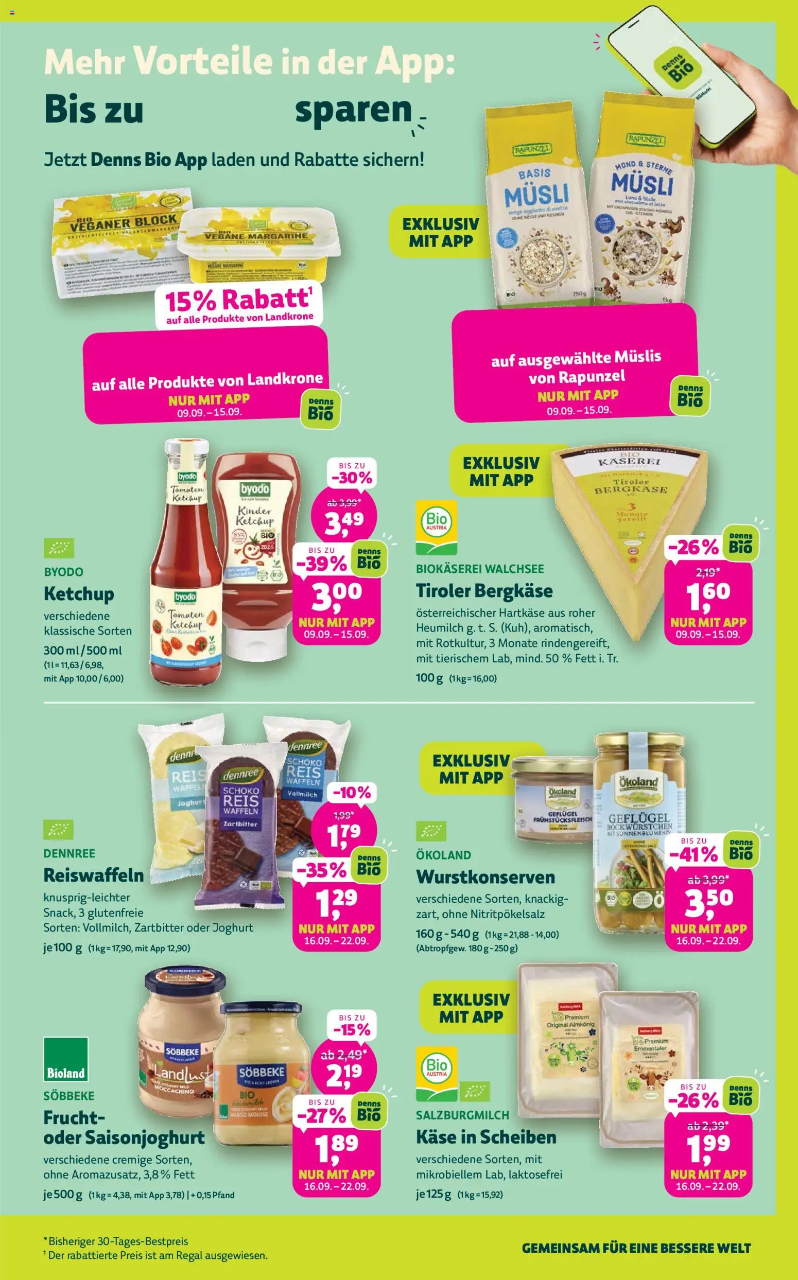 Vorschau von dem Prospekt des Geschäftes Denns BioMarkt, gültig ab dem 09.09.2026 - Mango, Käse, Waffeln, Joghurt, Regal, Reis, Tomaten, Musli