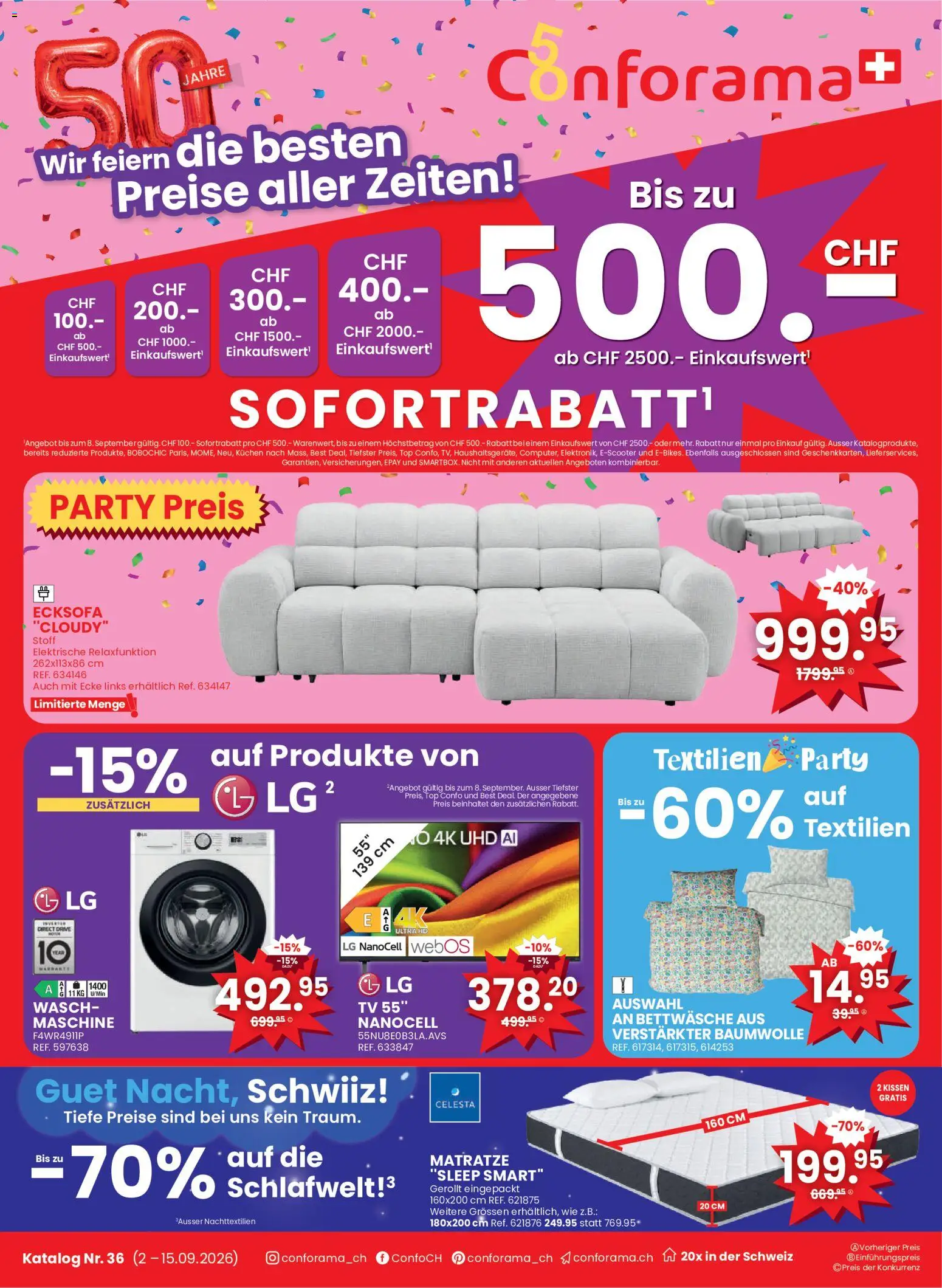 Vorschau des Merkblatts Conforama aktionen Nr 36 vom Shop Conforama gültig von 02.09.2026 bis 15.09.2026 - TV, Matratze, Bettwäsche, Ecksofa, Top, Kissen, LG