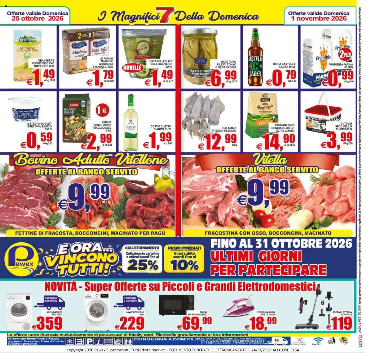 Anteprima dell'opuscolo Pewex volantino Ultramercato Irnerio dal negozio Pewex valido da 23/10/2026 - Lavatrice, Ragú, Microonde, Yogurt, Calamari, Farina, Minestrone, Macinato