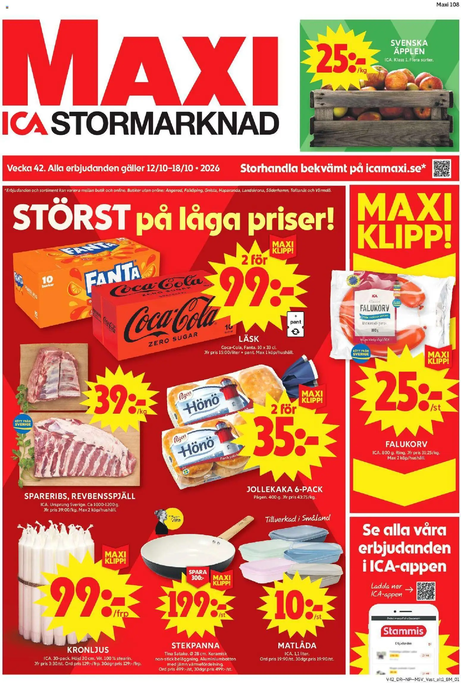 Förhandsgranska reklamblad ICA Maxi erbjudanden från butik ICA Maxi gäller från 12/10/2026 - Coca cola, Falukorv, Stekpanna, Kött, Revbensspjäll, Galler, Fanta, Matlåda