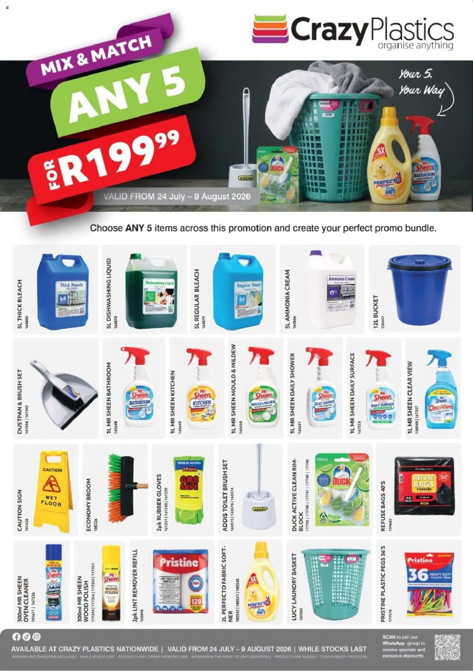 Preview of Crazy Plastics flyer valid from 24/07/2026 - Toilet, Shower, Bleach, Gloves, Oven, Cream, Basket, Broom