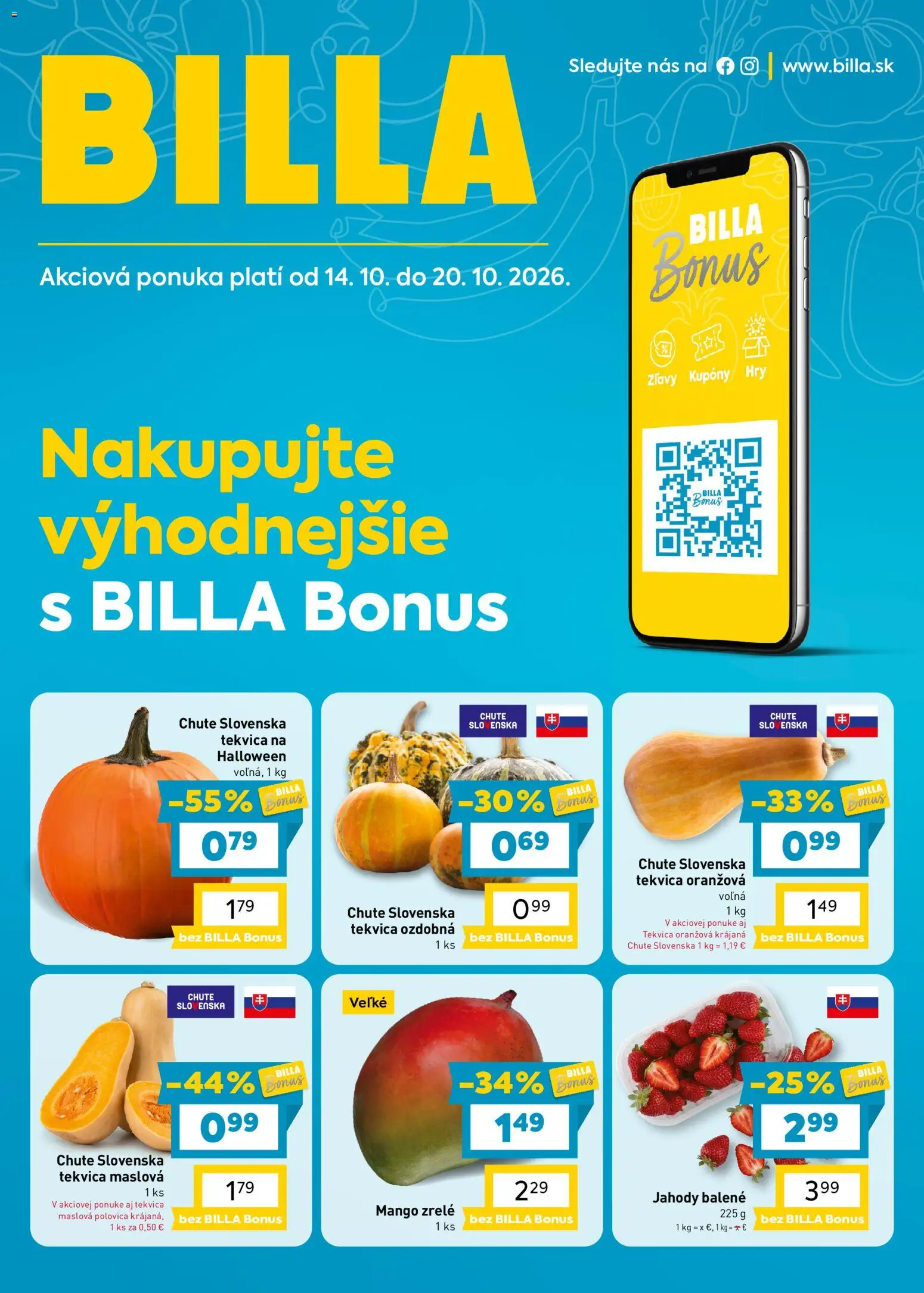 Náhľad Billa letáku platného od 14.10.2026 - Mango, Tekvica, Jahody