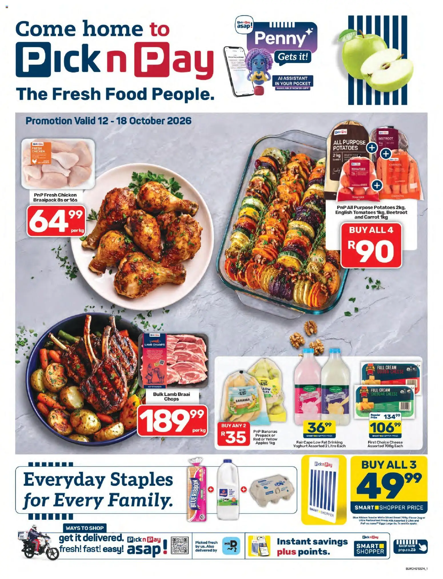 Preview of Pick n Pay flyer valid from 12/10/2026 - Chicken, Eggs, Toaster, Cheese, Bread, Bananas, Tomatoes, Cheddar