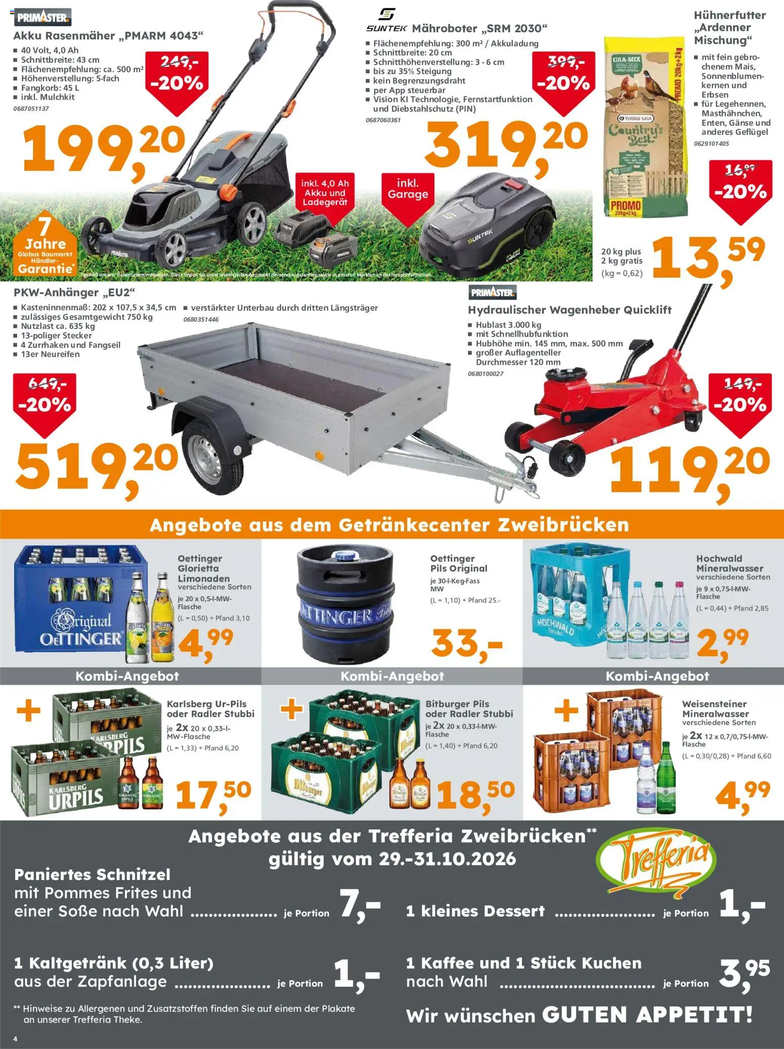 Vorschau von dem Prospekt des Geschäftes Globus Baumarkt, gültig ab dem 29.10.2026 - Kuchen, Schnitzel, Pommes, Mineralwasser, Pommes frites, Bitburger, Oettinger, Pils
