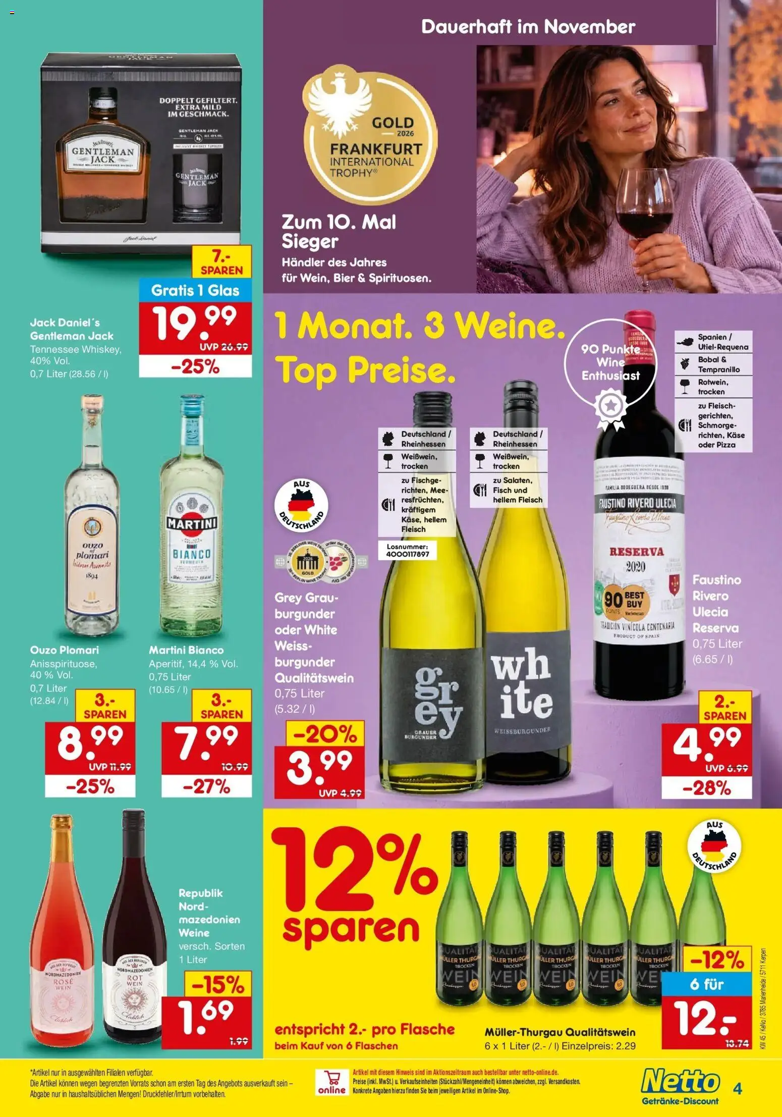 Vorschau von dem Prospekt des Geschäftes Netto Marken-Discount, gültig ab dem 02.11.2026 - Pizza, Käse, Bier, Fisch, Wein, Martini, Fleisch, Ouzo plomari