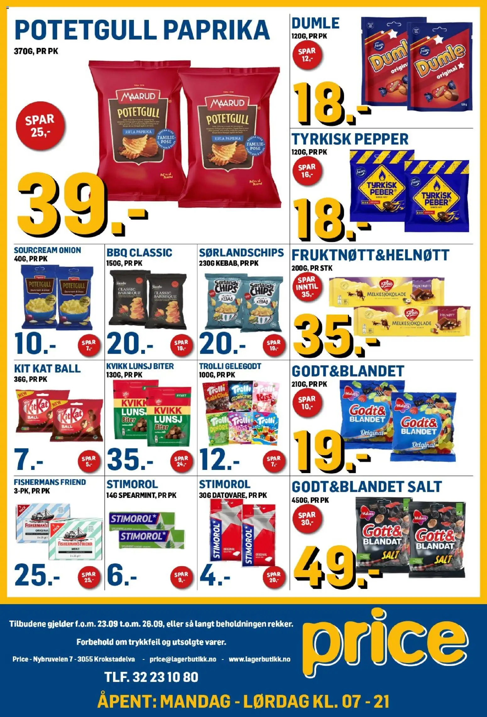 Forhåndsvis Price Lagerbutikk kundeavis fra butikk Price Lagerbutikk gyldig fra 23/09/2026 - Paprika, Kebab, Potetgull, Salt, Cola, Sørlandschips, Kvikk Lunsj