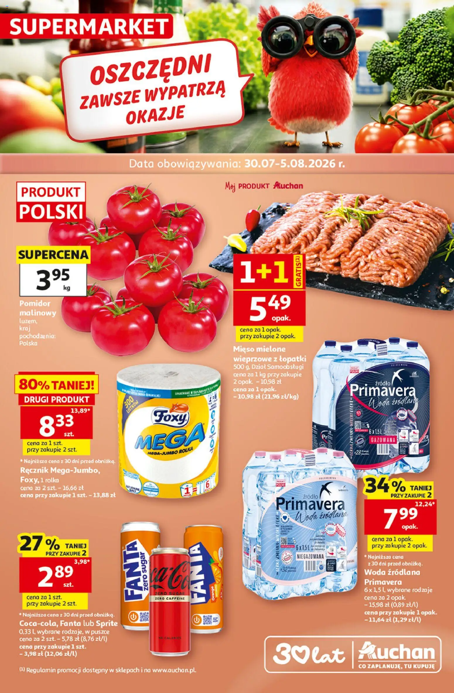 Pogląd gazetki "Auchan gazetka" ze sklepu Auchan ważnej od 30.07.2026 - Woda, Mięso, Pomidor, Mięso mielone, Sprite, Fanta, Woda źródlana, Pomidor malinowy