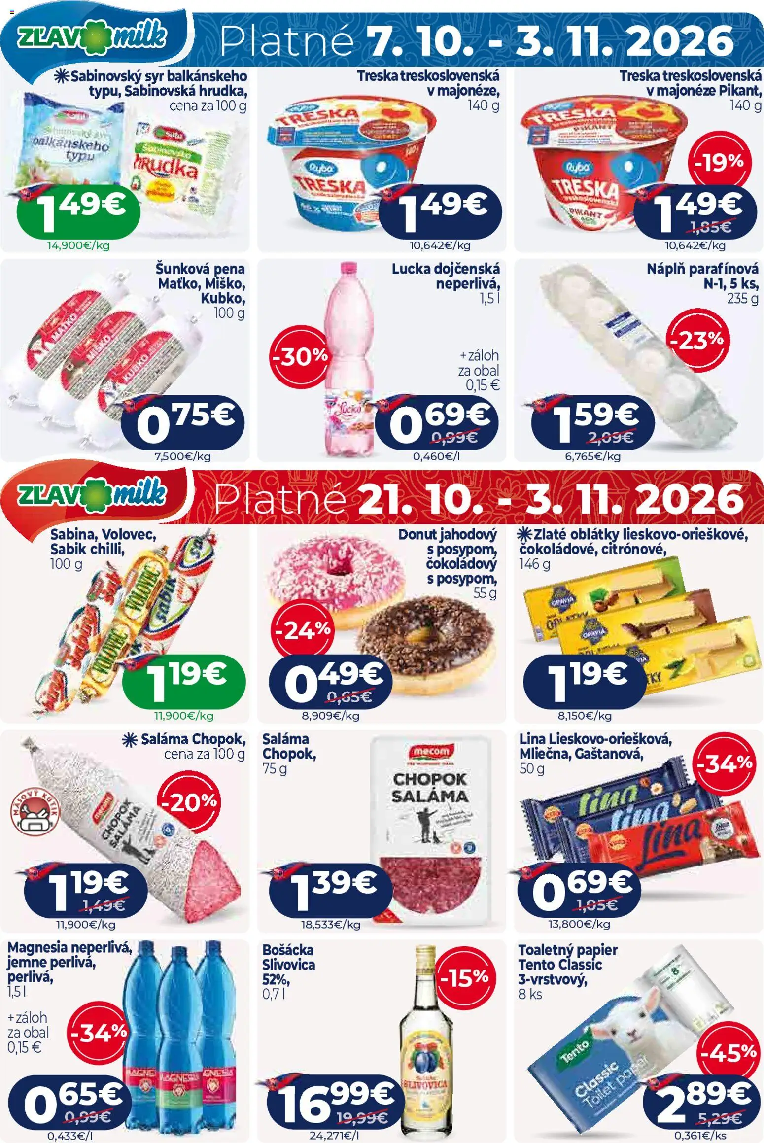 Náhľad Milk Agro letáku platného od 21.10.2026 - Syr, Treska, Donut, Slivovica, Pena, Lucka, Magnesia, Oblátky