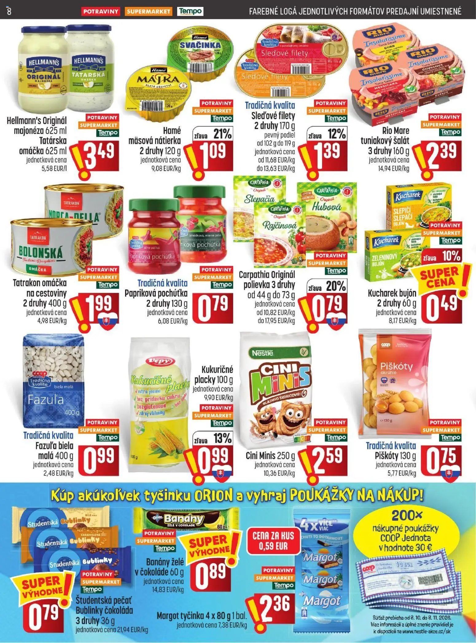 Náhľad COOP Jednota letáku platného od 22.10.2026 - Cestoviny, Čokoláda, Tuniakový šalát, Študentská pečať, Cini Minis, Rio Mare, Piškóty, Banány