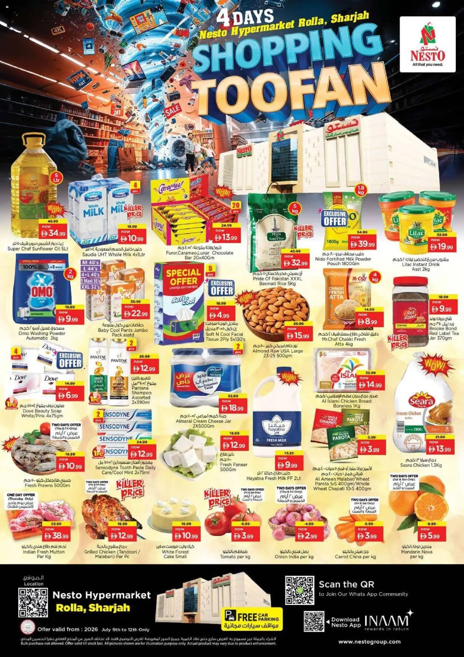 Preview of the catalogue Nesto catalogue shopping toofan of store Nesto valid from 9 Jul, 2026 - Chocolate, Chicken, Milk, PC, Cheese, Carrot, Rice, Pants