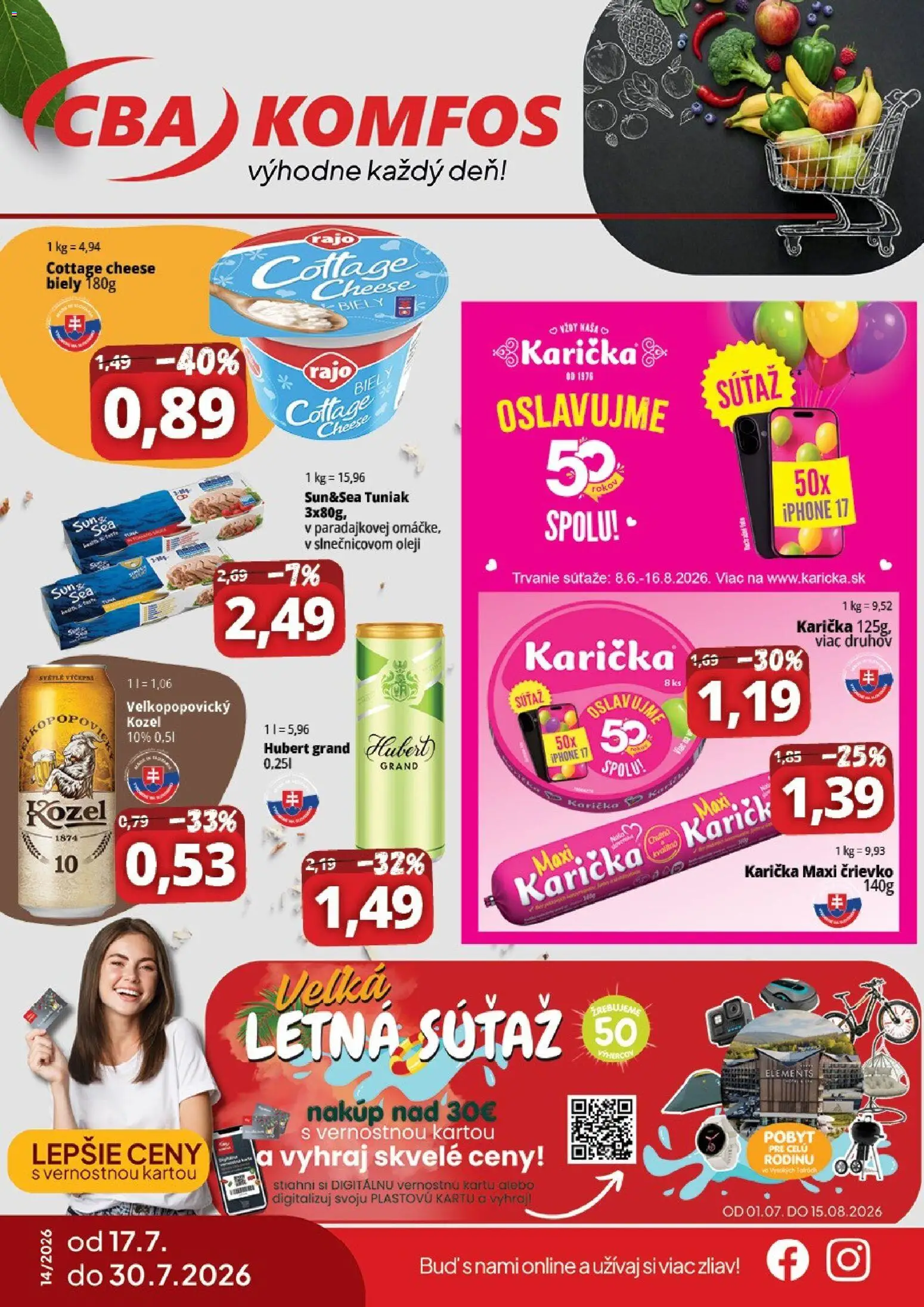 Náhľad CBA Komfos letáku platného od 17.07.2026 - Iphone, Cottage cheese, Tuniak