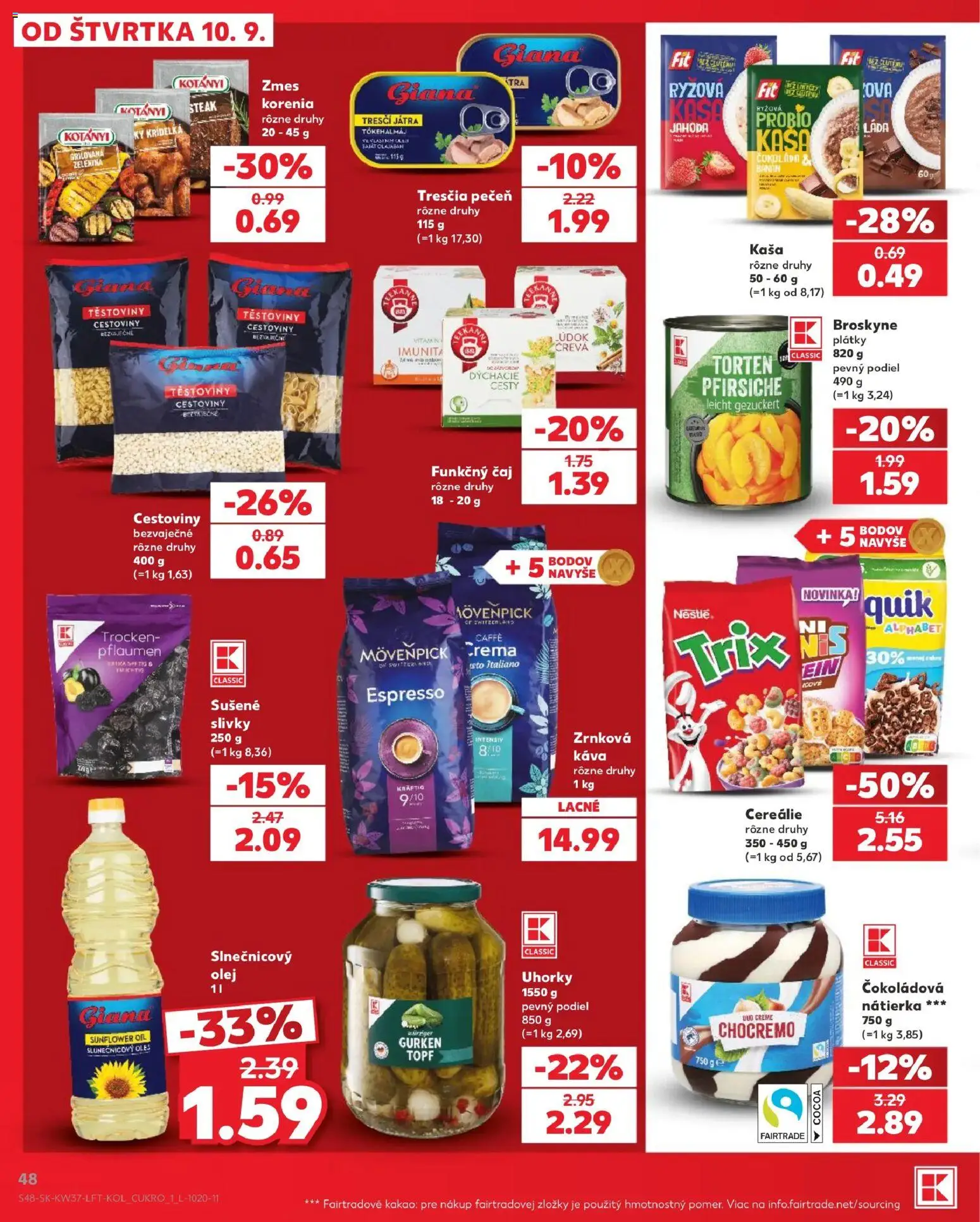 Náhľad Kaufland letáku platného od 10.09.2026 - Cestoviny, Zelenina, Čaj, Kakao, Slivky, Broskyne, Nátierka, Uhorky