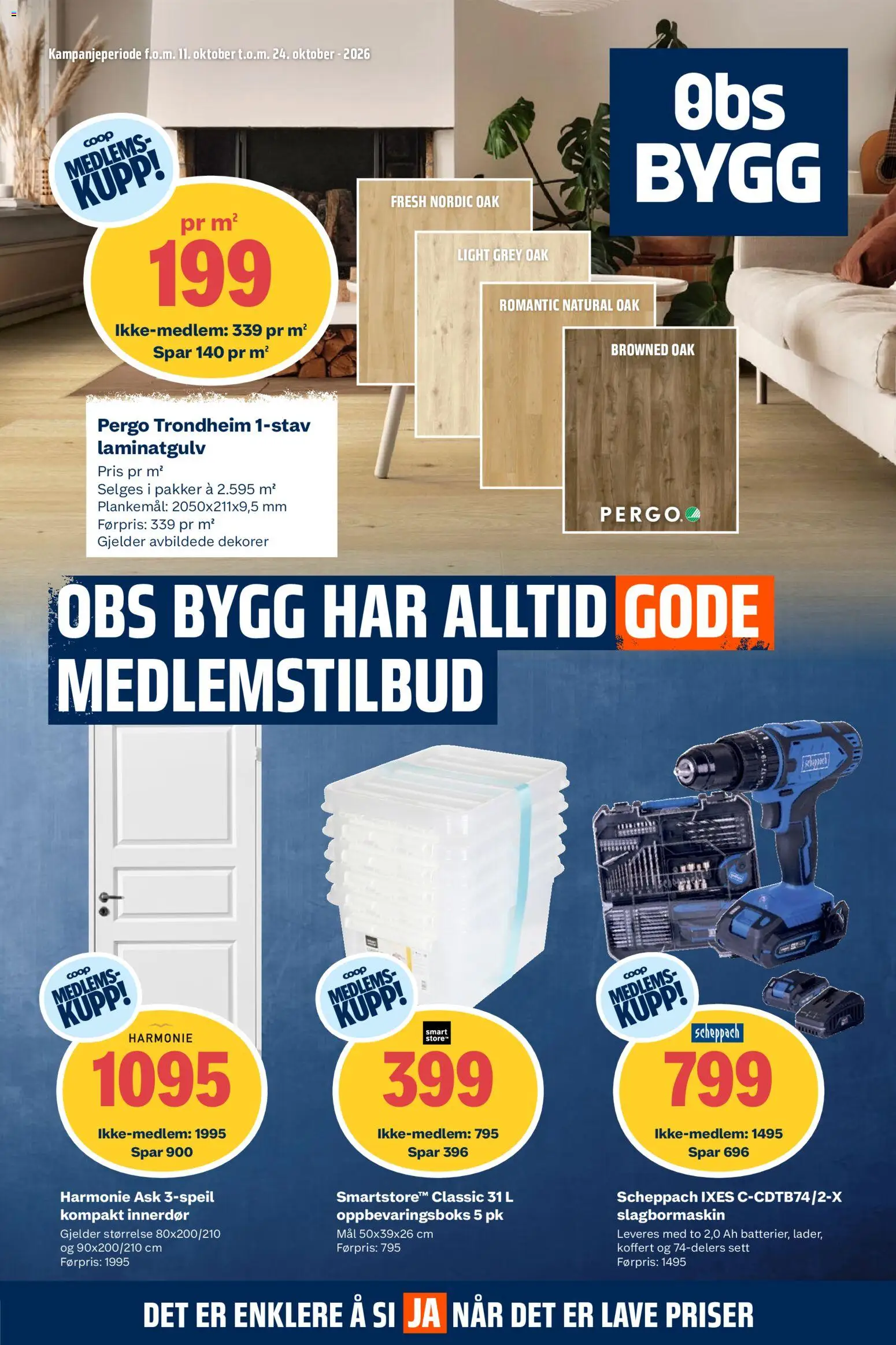 Forhåndsvis Kundeavis fra butikk Obs Bygg gyldig fra 11/10/2026 - Laminatgulv, Koffert, Oppbevaringsboks, Slagbormaskin
