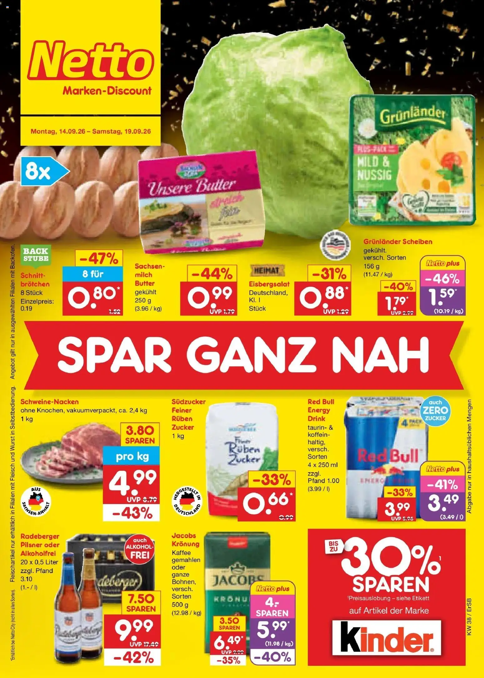 Vorschau von dem Prospekt des Geschäftes Netto Marken-Discount, gültig ab dem 14.09.2026 - Kaffee, Butter, Milch, Fleisch, Zucker, Eisbergsalat, Schweinenacken, Grunlander