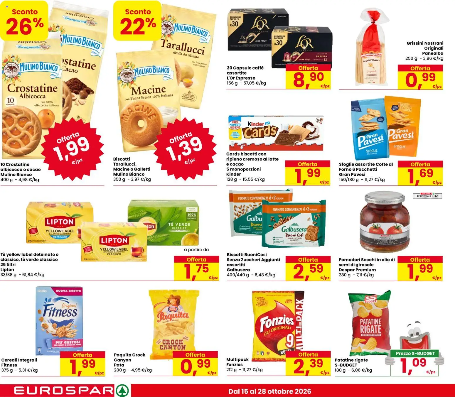 Anteprima dell'opuscolo Eurospar volantino Udine dal negozio Eurospar valido da 15/10/2026 - Biscotti, Patatine, Semi di girasole, Pomodori, Cacao, Tè verde, Tè, Crostatine