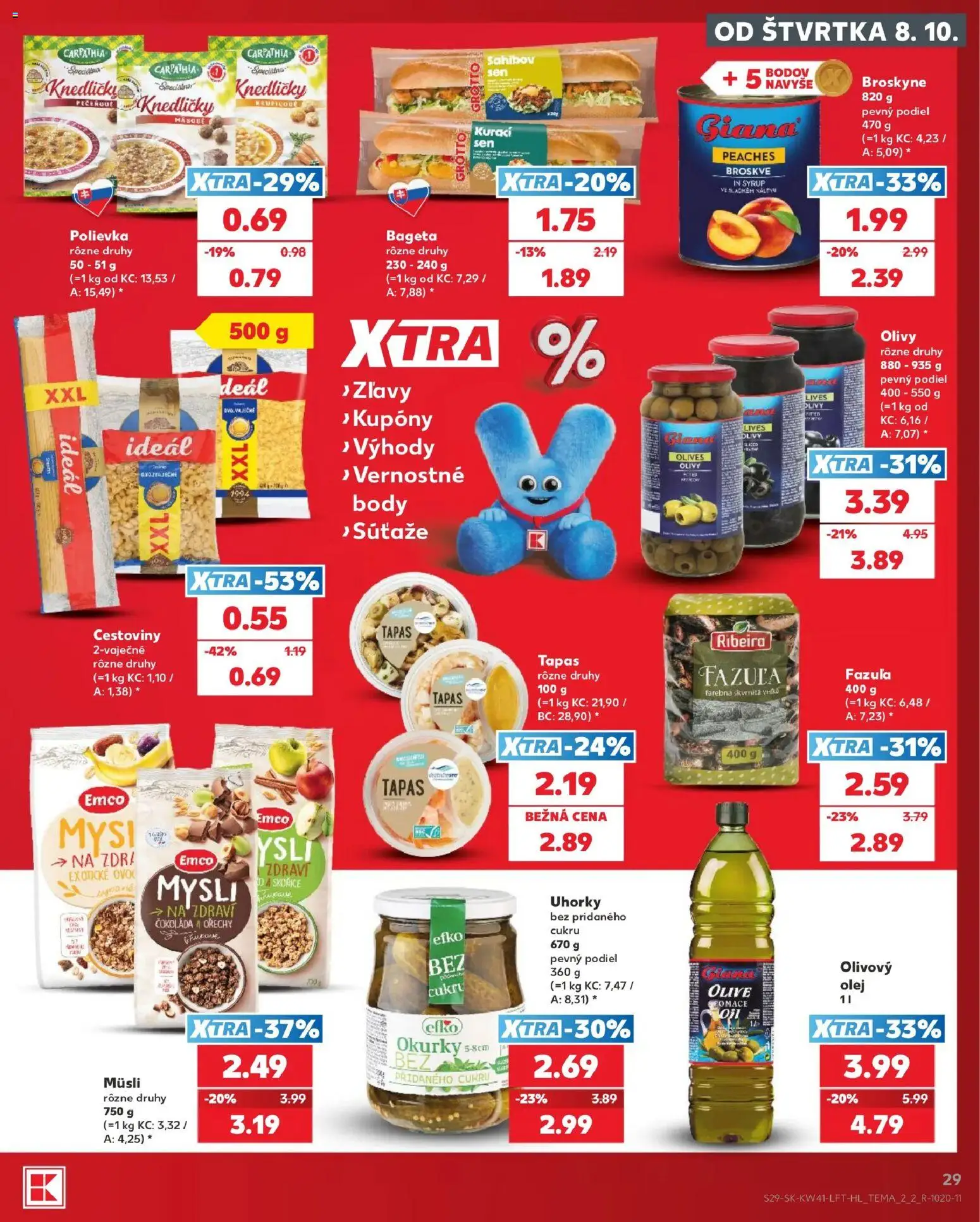 Náhľad Kaufland letáku platného od 08.10.2026 - Cestoviny, Čokoláda, Olej, Bageta, Fazuľa, Broskyne, Uhorky, Müsli