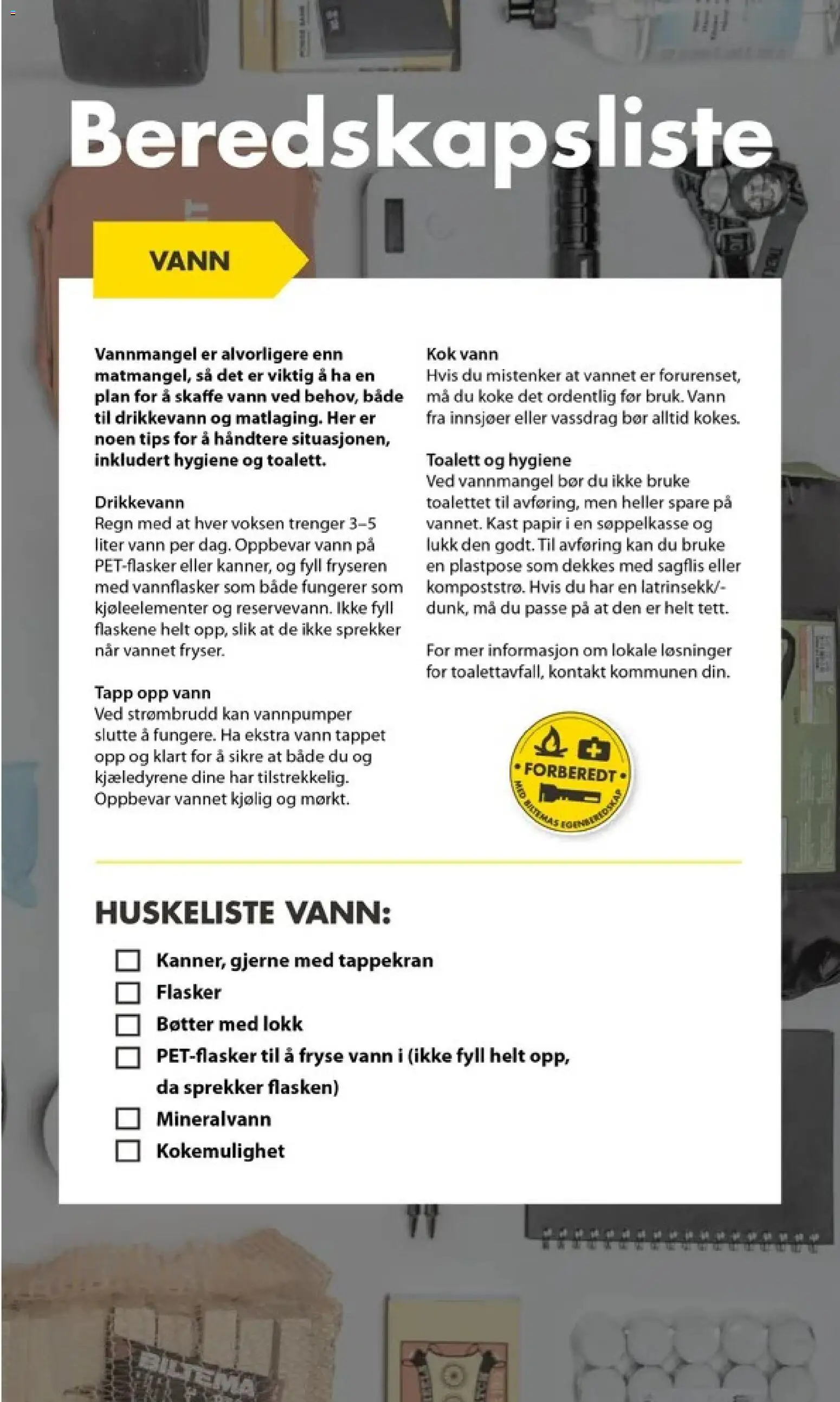 Forhåndsvis Biltema kundeavis Egenberedskap - National fra butikk Biltema gyldig fra 21/09/2026 - Kontakt, Ved, Toalett, Vann, Mineralvann