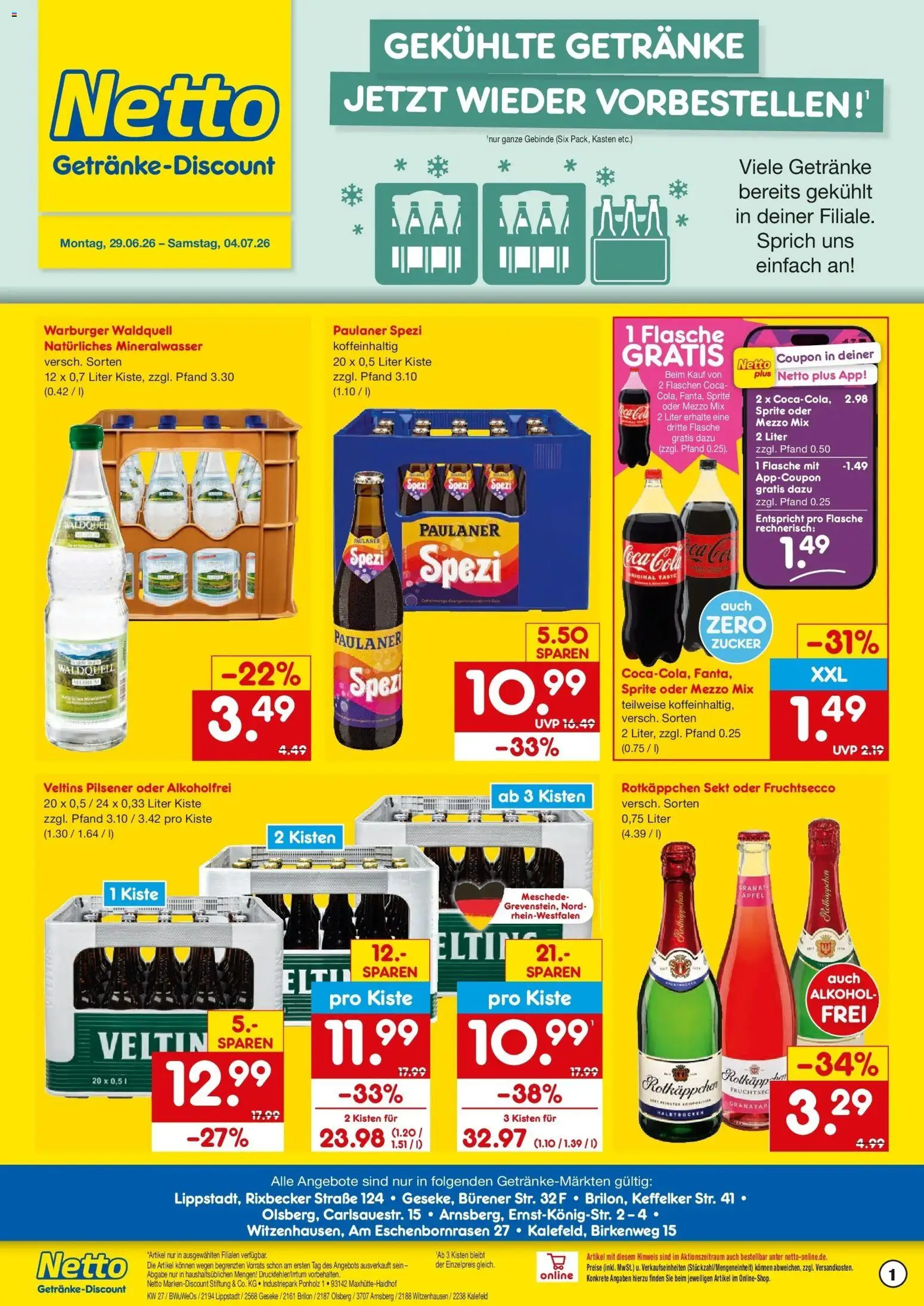 Vorschau von dem Prospekt des Geschäftes Netto Marken-Discount, gültig ab dem 29.06.2026 - Paulaner spezi, Zucker, Veltins, Sekt, Mezzo mix, Fruchtsecco, Rotkappchen sekt, Oder mezzo mix