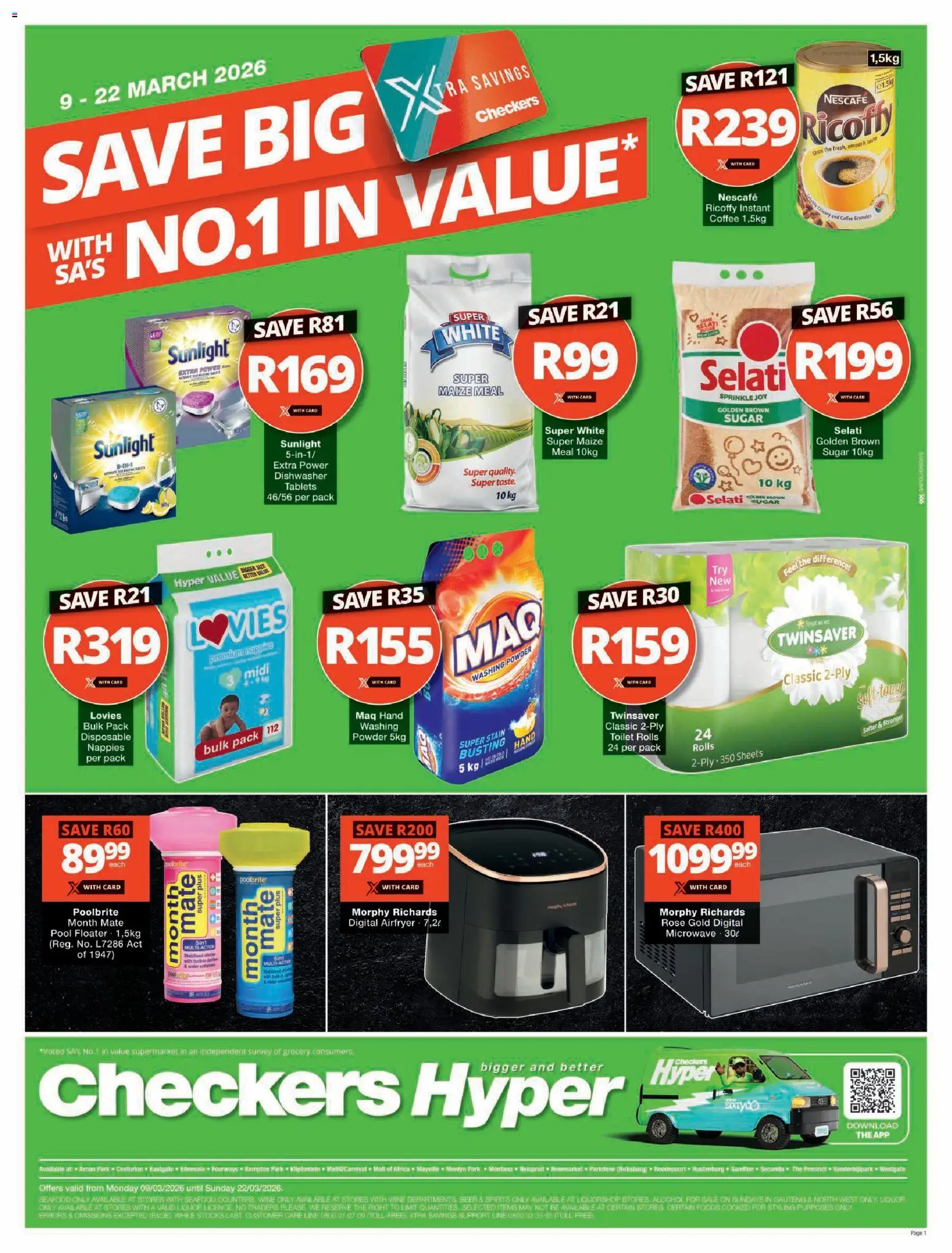 Preview of Checkers flyer valid from 09/03/2026 - Coffee, Dishwasher, Alcohol, Toilet, Wine, Seafood, Sugar, Nappies