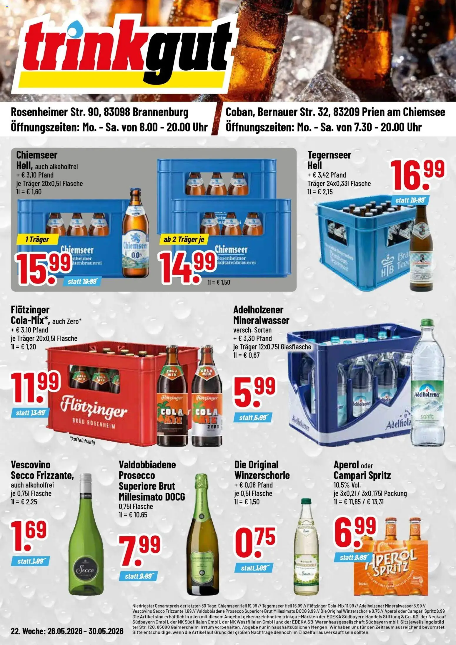 Vorschau von dem Prospekt des Geschäftes Trinkgut, gültig ab dem 26.05.2026 - Uhr, Aperol, Cola, Mineralwasser, Prosecco, Campari, Adelholzener