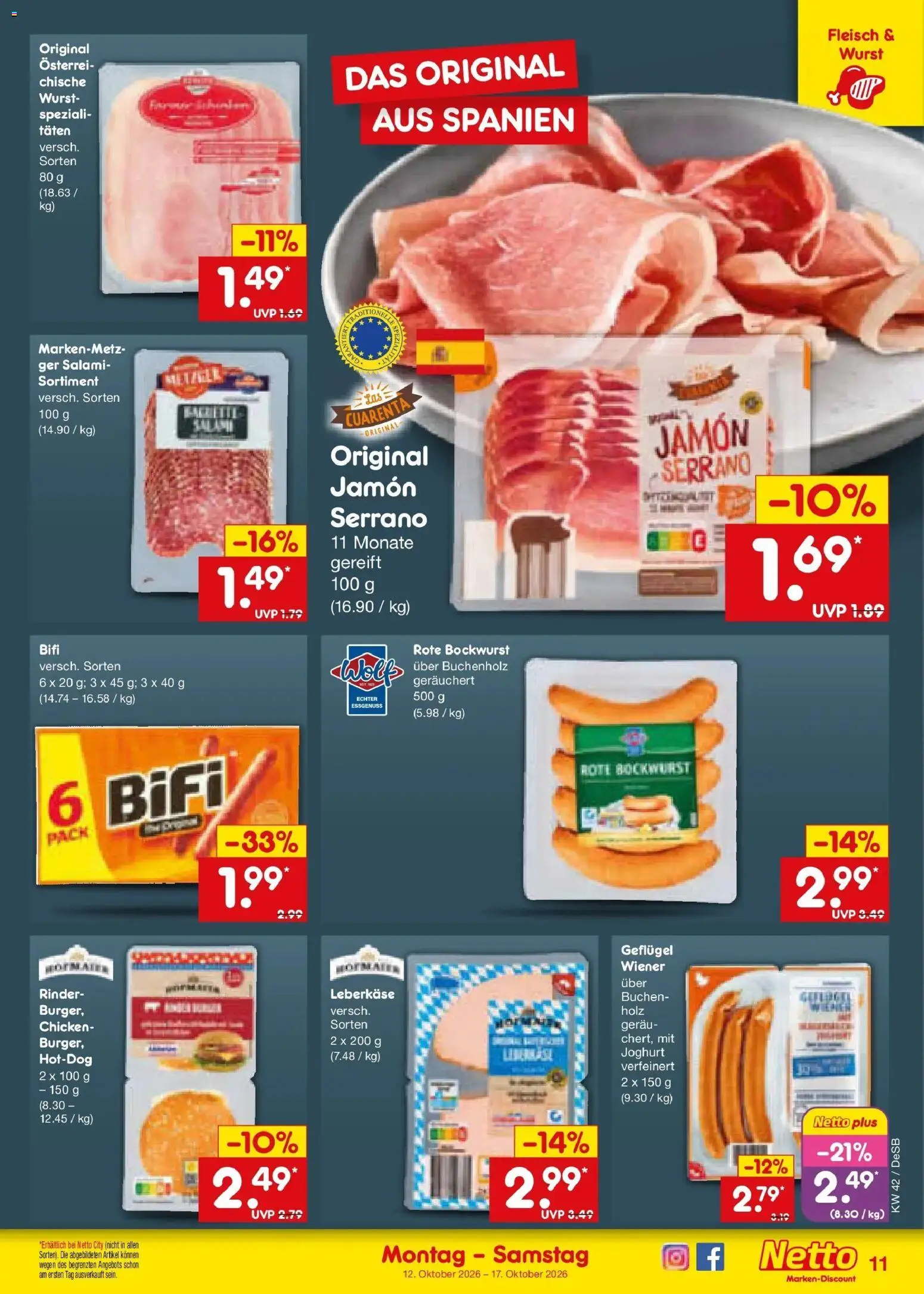 Vorschau von dem Prospekt des Geschäftes Netto Marken-Discount, gültig ab dem 12.10.2026 - Wurst, Joghurt, Fleisch, Salami, Bockwurst, Bifi, Leberkase