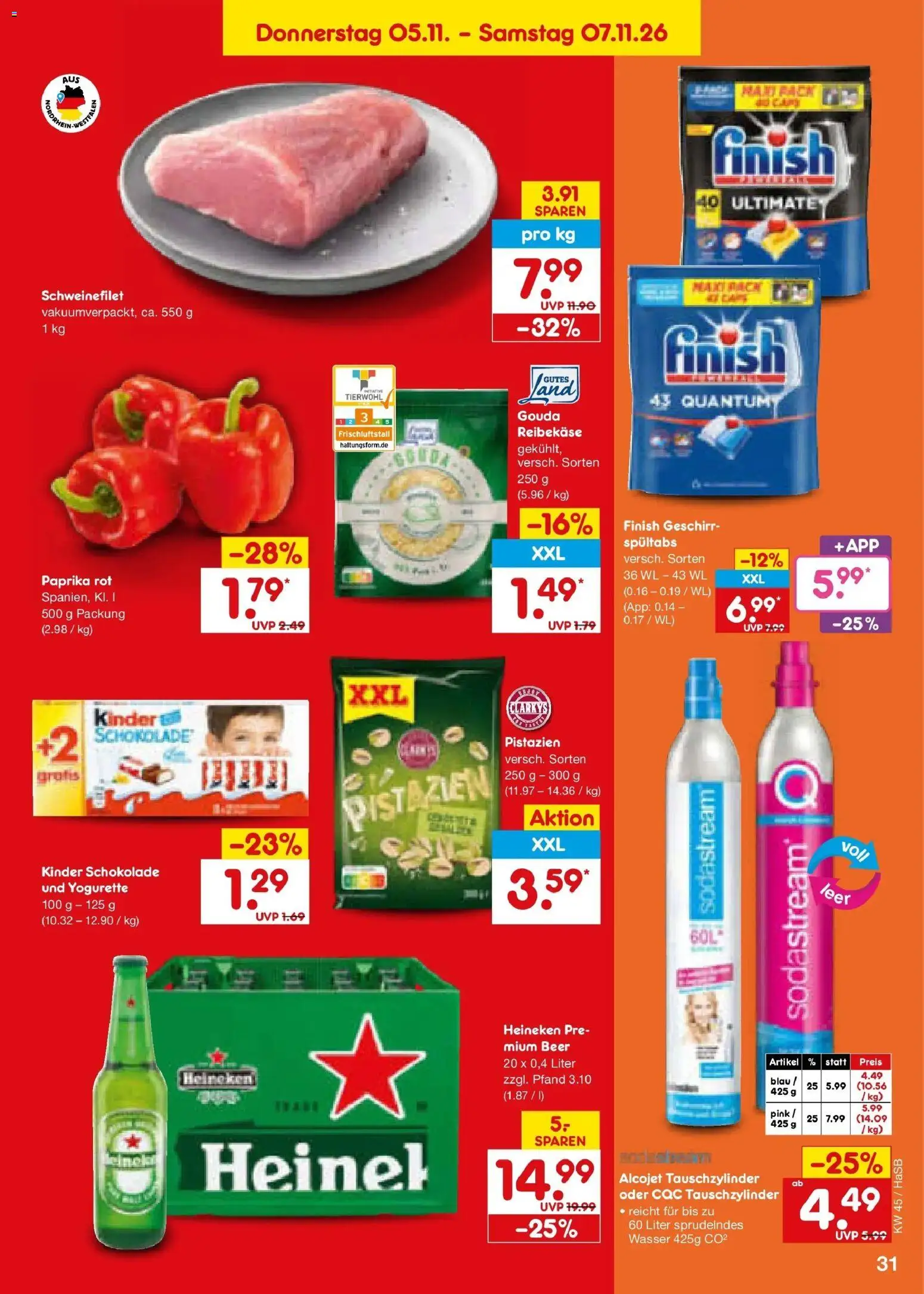 Vorschau von dem Prospekt des Geschäftes Netto Marken-Discount, gültig ab dem 02.11.2026 - Schokolade, Pistazien, Heineken, Gouda, Finish, Paprika rot, Reibekase, Kinder schokolade