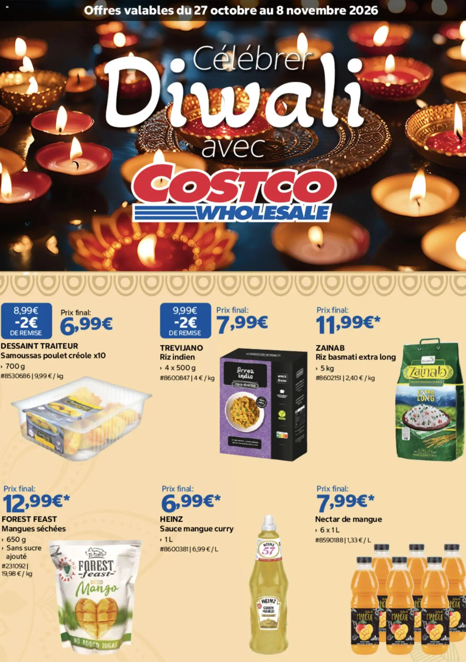 Prévisualisation de Costco Célébrer Diwali du magasin Costco formulaire valide 27/10/2026 - Poulet, Curry, Sucre, Riz, Mangue, Riz basmati, Mangues séchées