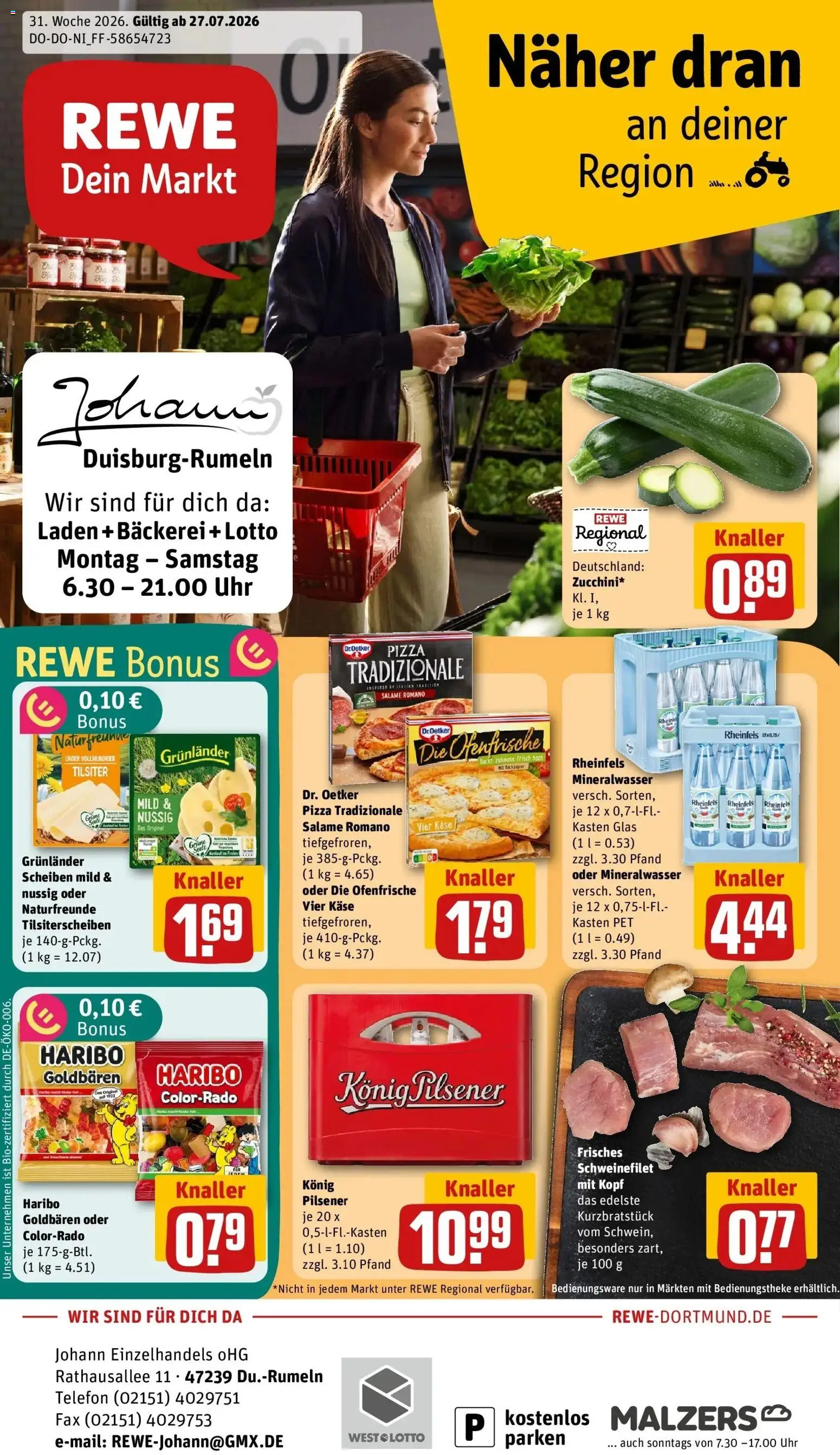 Vorschau von dem Prospekt des Geschäftes Rewe, gültig ab dem 27.07.2026 - Bäckerei, Pizza, Uhr, Telefon, Käse, Haribo, Mineralwasser, Schweinefilet