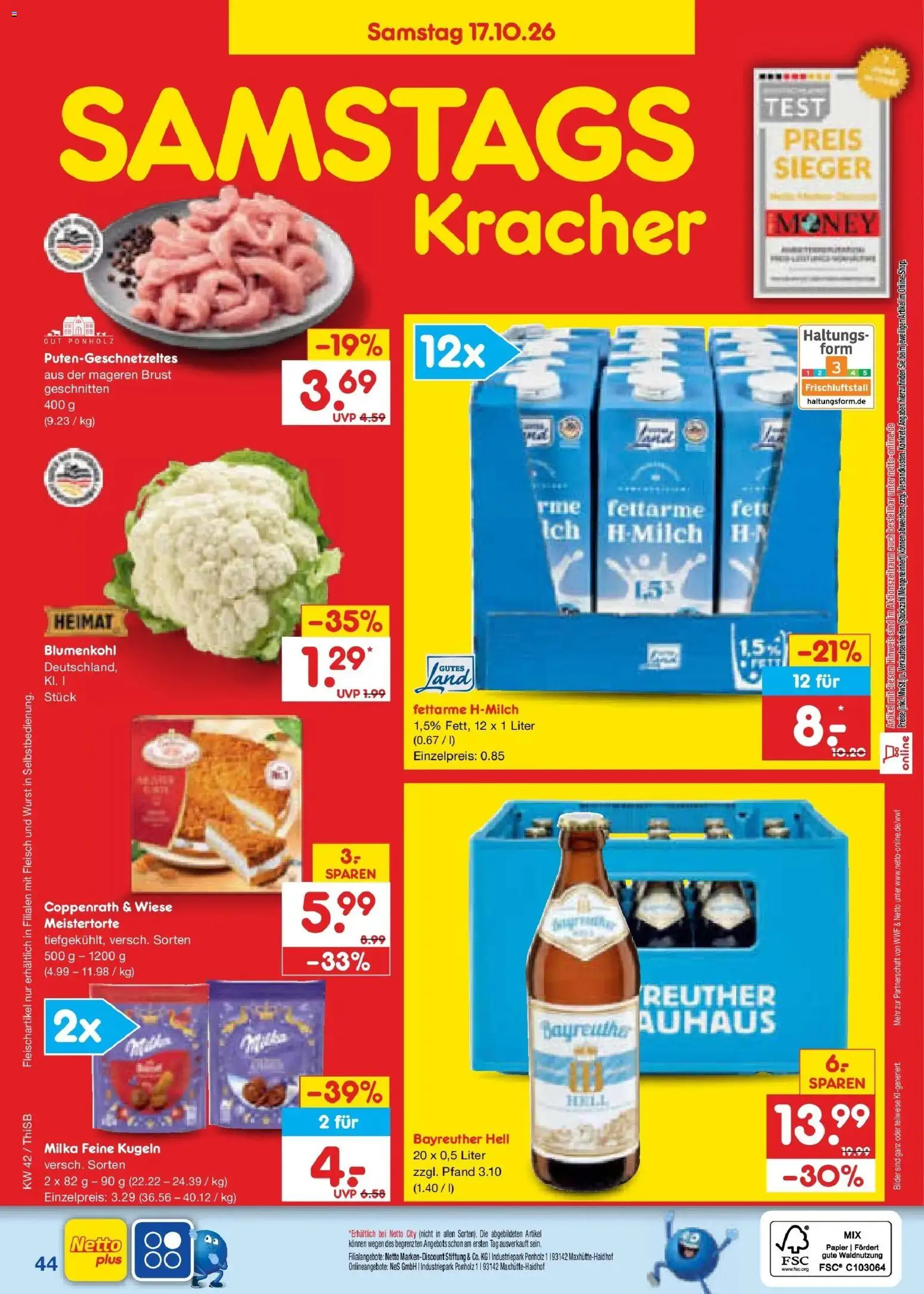 Vorschau von dem Prospekt des Geschäftes Netto Marken-Discount, gültig ab dem 12.10.2026 - Bilder, Wurst, Blumenkohl, Fleisch, Milka, Bayreuther hell