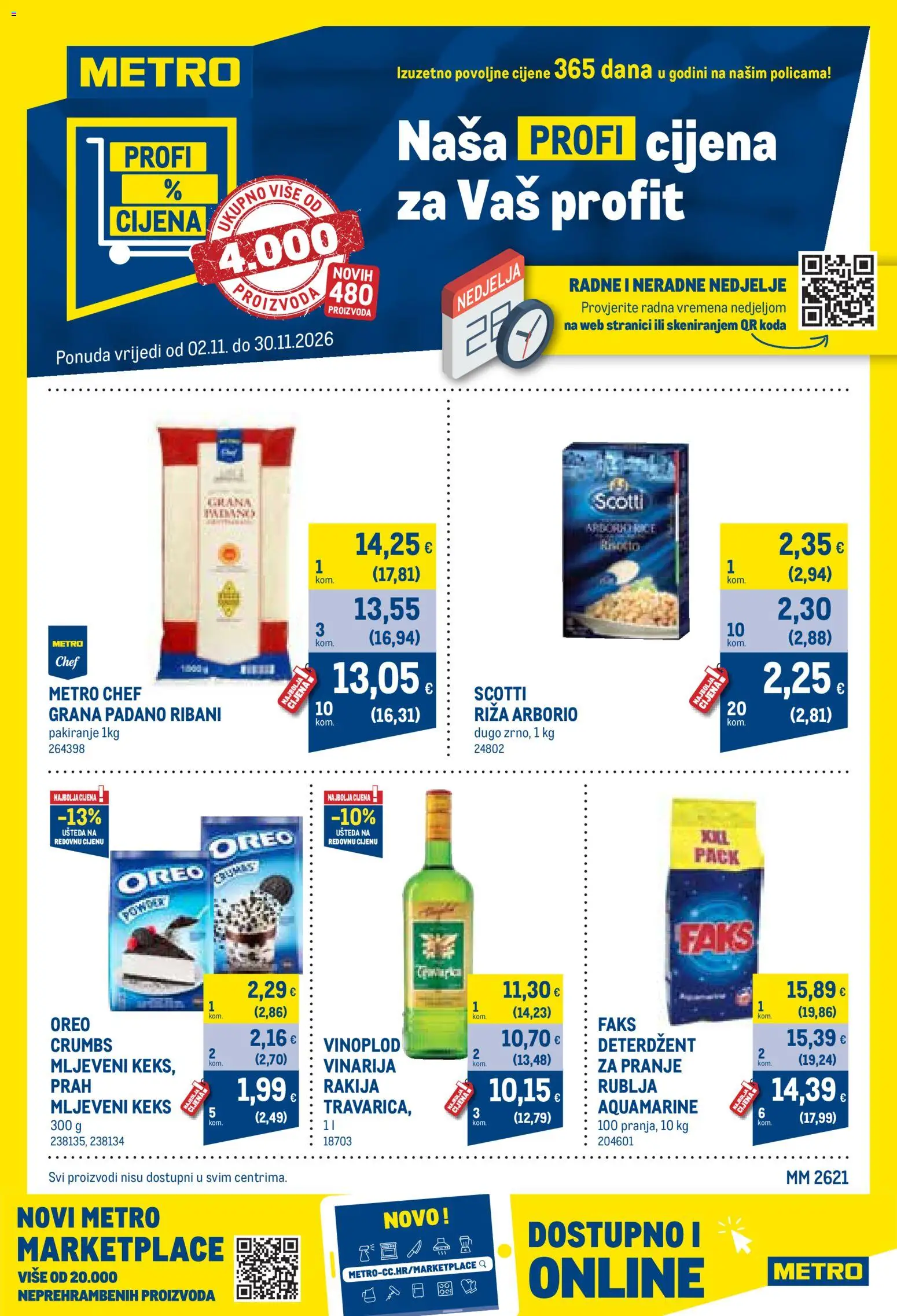 Pregled letka Metro Profi cijena trgovine Metro vrijedi od 02.11.2026 - Rakija, Grana Padano, Riža, Keks, Deterdžent, Oreo, Faks
