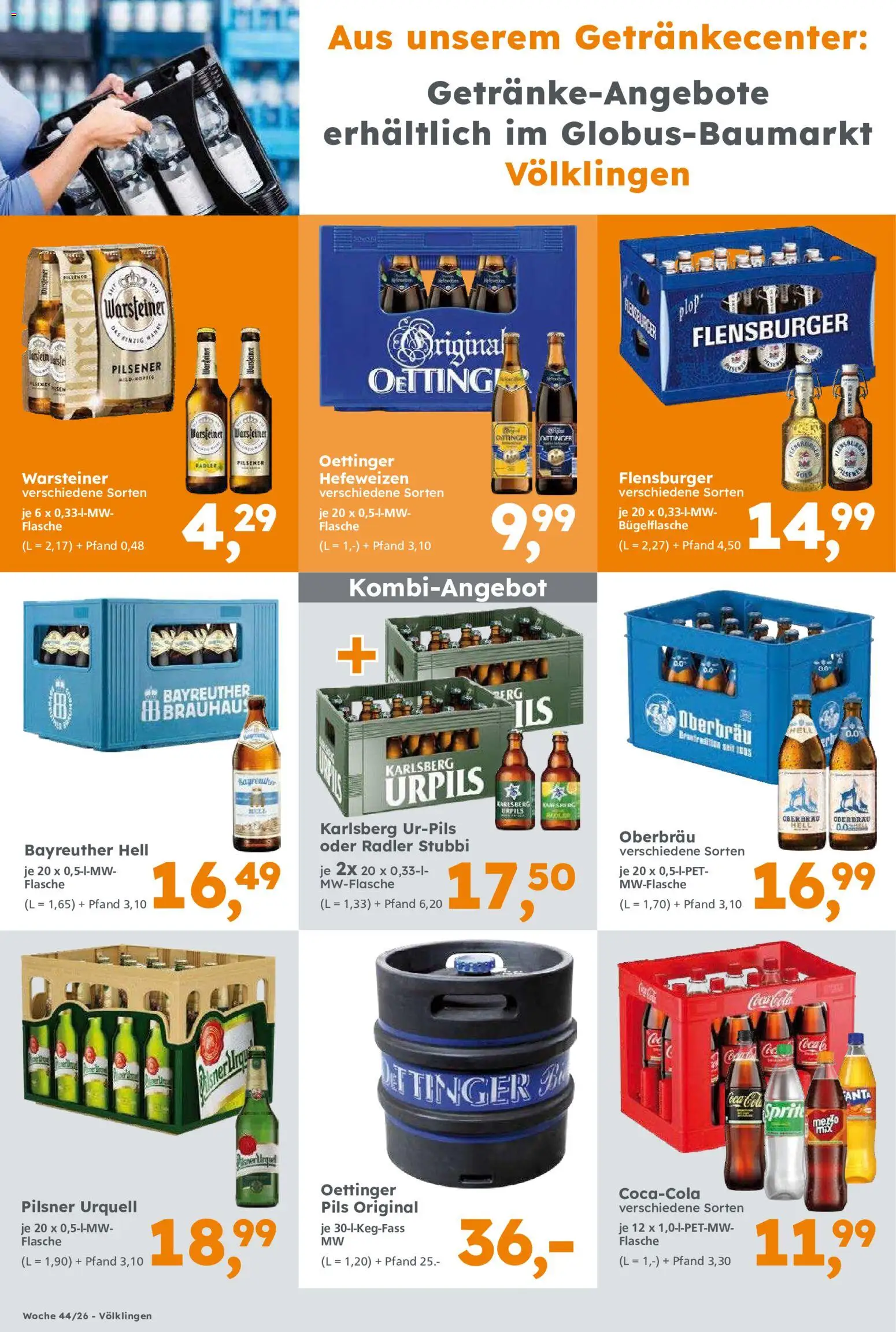 Vorschau von dem Prospekt des Geschäftes Globus Baumarkt, gültig ab dem 25.10.2026 - Flensburger, Warsteiner, Fanta, Carlsberg, Oettinger, Pilsner urquell, Bayreuther hell, Pils